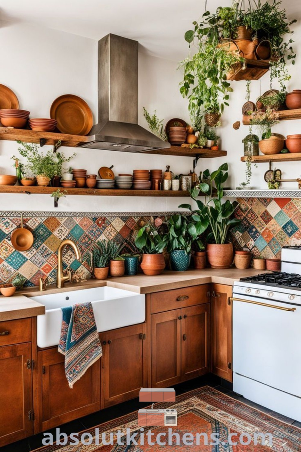 A cozy boho style kitchen featuring potted plants next to a stove top oven and dishwasher, showcasing maximalist kitchen decor ideas for house or apartment. The earthy kitchen design combines function and charm, offering inspiring decor ideas for small spaces. Visit absolutkitchens.com for more bohemian kitchen inspirations and decorating ideas.