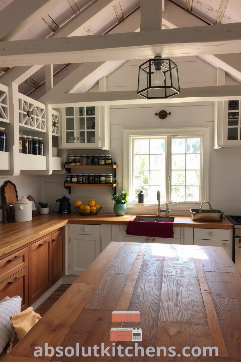 Cozy rustic kitchen with whitewashed wooden beams, reclaimed oak countertops, and a sturdy wooden table, featuring jars of spices on open shelves, creating inviting decor ideas and unique inspirations for your home at fireplacesandwoodstoves.com.