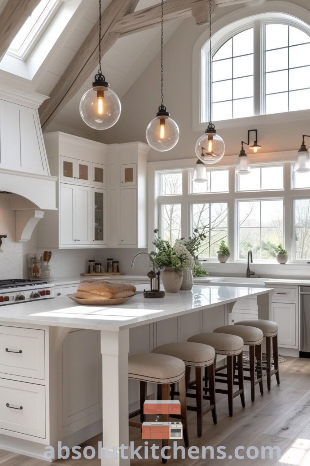 A large kitchen with vaulted ceilings, featuring an island with multiple stools, creating a functional and stylish space. This kitchen embodies ideas you need to see for house or apartment designs, blending cozy aesthetics with innovative lighting and cabinetry trends. Visit absolutkitchens.com for more inspiring kitchen decor ideas.