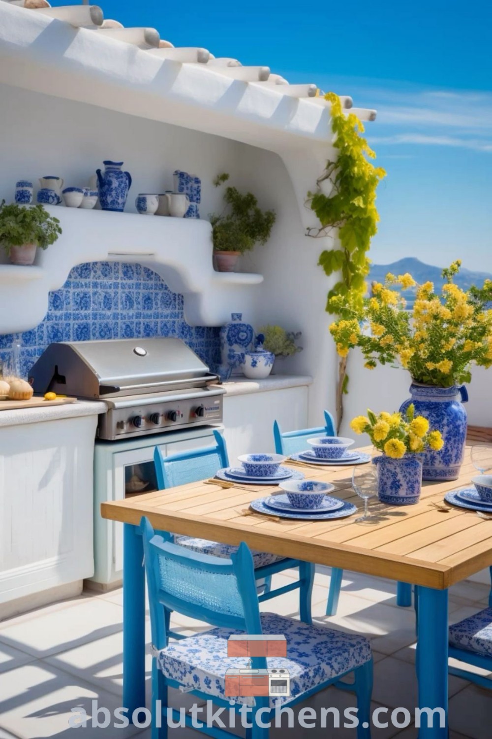 A picturesque outdoor dining area showcasing blue and white dishes on the table surrounded by vibrant yellow flowers in vases, exemplifying Greece outdoor living and Greek style decor. Discover Greece inspired home decor ideas for your backyard at absolutkitchens.com.