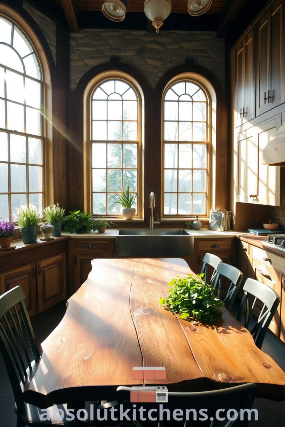 Cozy nature-inspired kitchen featuring sunlight streaming through mullioned windows, a live-edge wooden table at the center surrounded by mismatched chairs, and vibrant potted herbs on the window sill. Discover design ideas for a calming and rejuvenating home sanctuary at absolutkitchens.com.