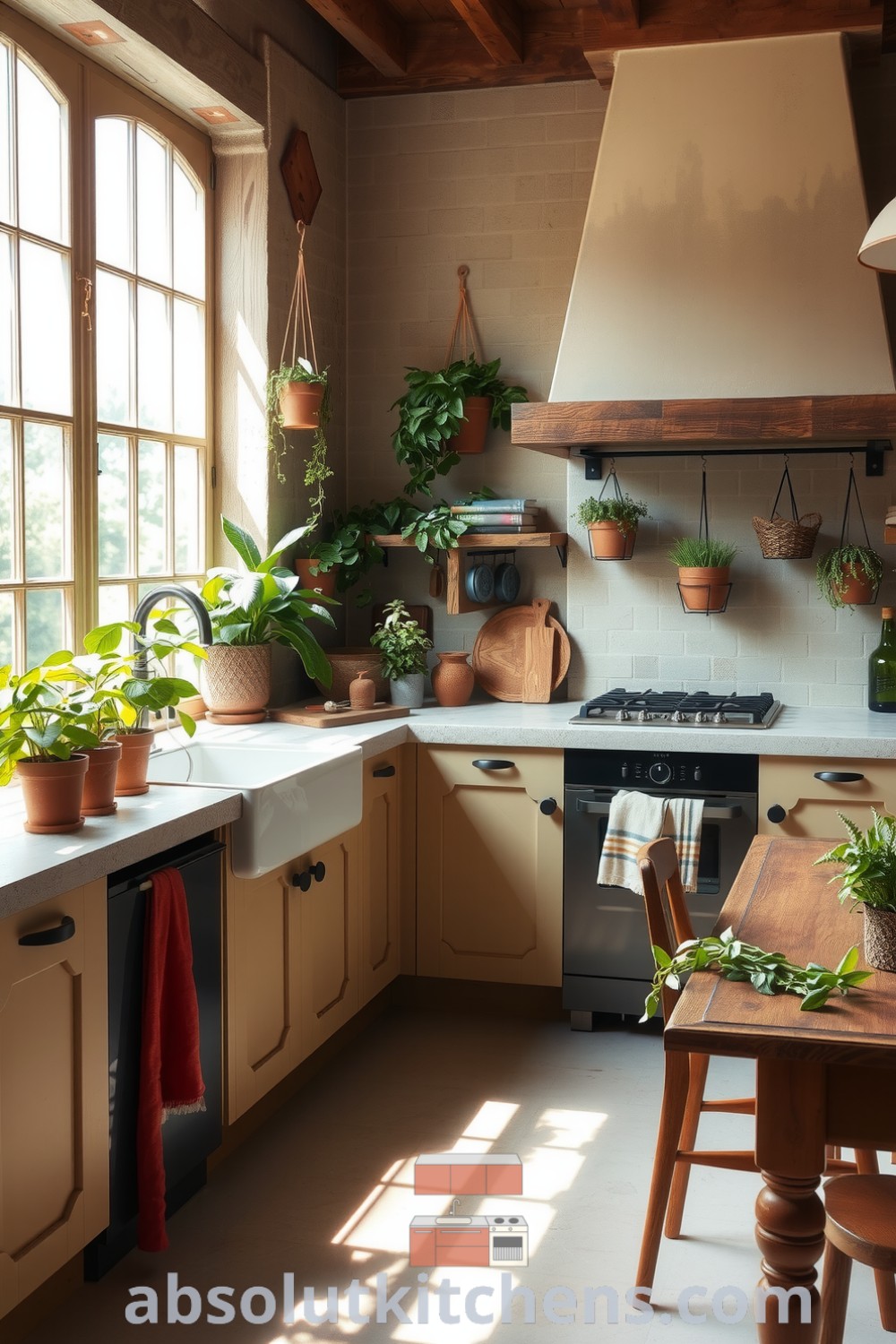 Cozy nature-inspired kitchen featuring reclaimed wood cabinets, stone countertops, and hanging plants, with a weathered wooden dining table, ideal for warm gatherings and a rustic aesthetic. Visit absolutkitchens.com for inspiring decor ideas.