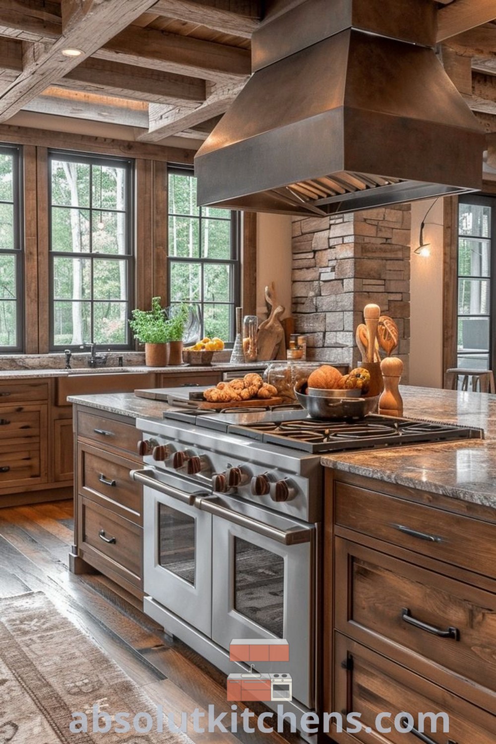 A large kitchen with an island equipped with a stove top, showcasing stylish kitchen ideas for cabin settings. This design features gas stoves in kitchens for enhanced functionality and cozy aesthetic. Discover more inspiring kitchen decor ideas at absolutkitchens.com.