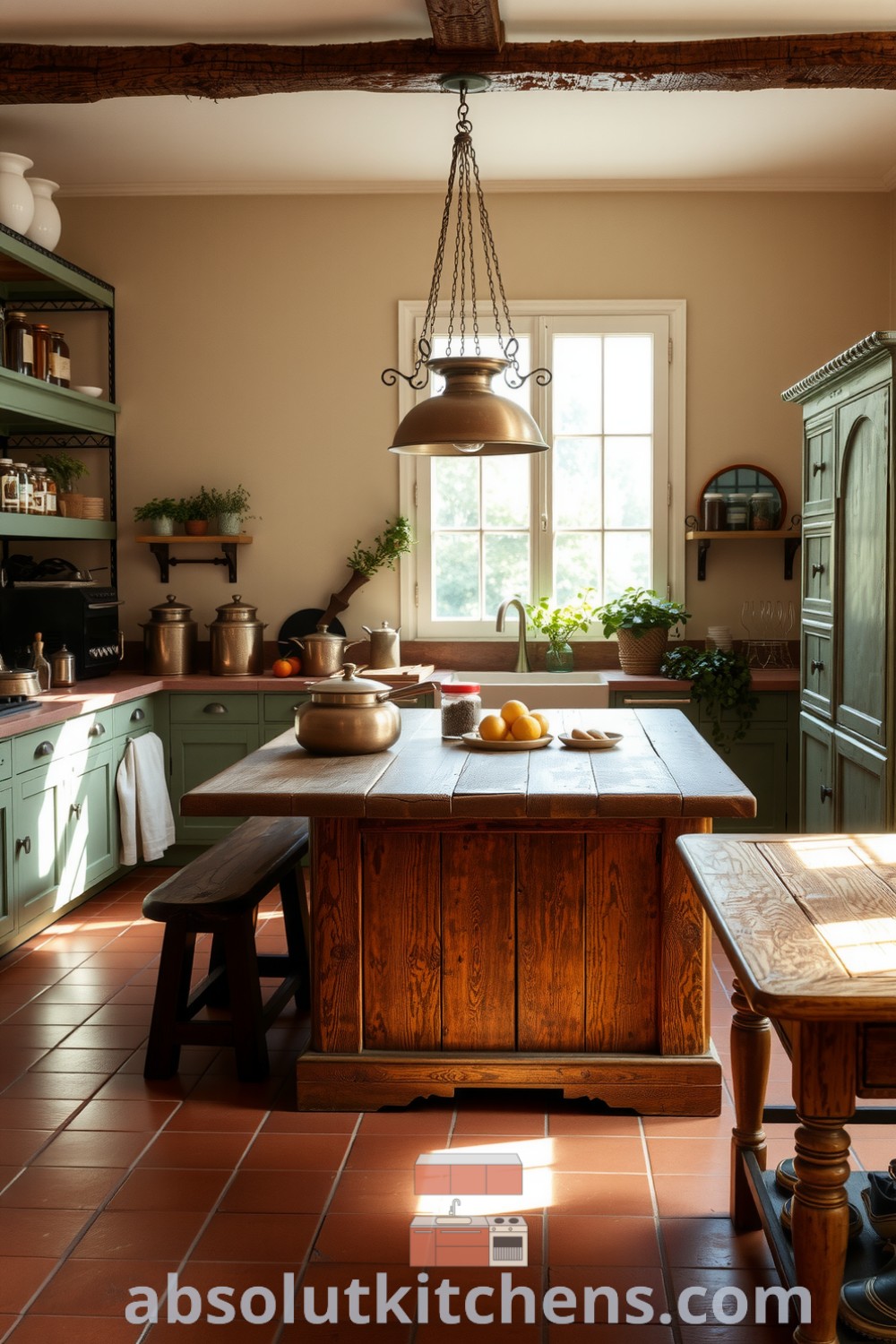 Cozy French kitchen design featuring terracotta tiles, a wooden island, copper pots, and shelves of herbs creating a warm and inviting atmosphere, ideal for shared meals and culinary adventures. Visit absolutkitchens.com for more cozy ideas.