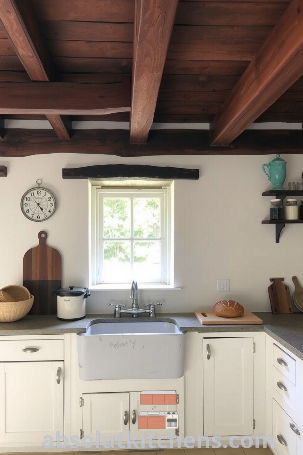 Cozy rustic kitchen featuring white walls, wooden beams, farmhouse sink, and shelves filled with handmade ceramics and jars of spices, creating a warm and inviting atmosphere. Discover cozy ideas and design inspirations at fireplacesandwoodstoves.com.