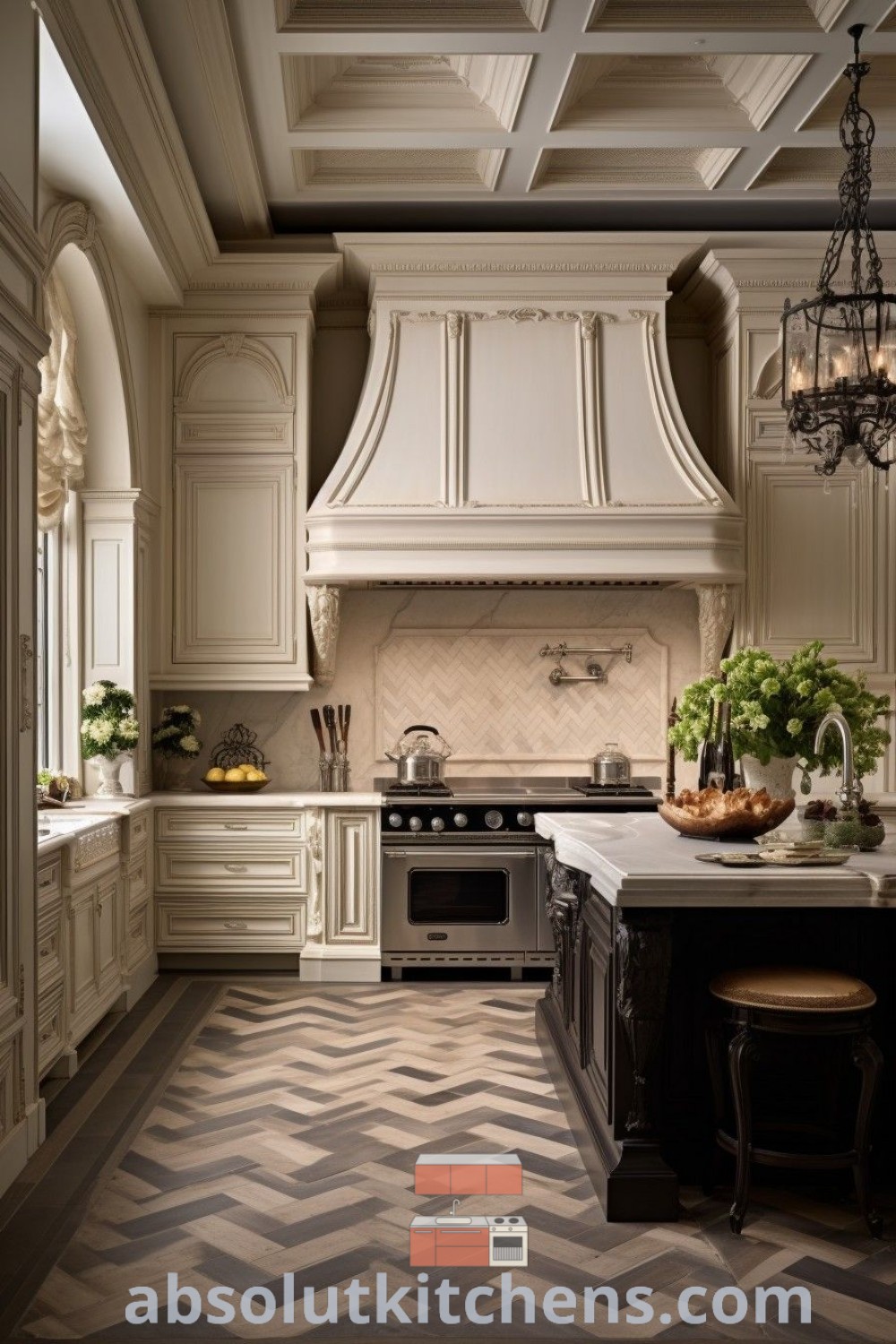 A modern Parisian kitchen interior featuring elegant cabinetry and classic design elements that blend luxury and functionality. This space showcases decor ideas inspired by neoclassical kitchen designs, perfect for house or apartment renovations. Discover more about inspiring kitchen design trends at absolutkitchens.com.