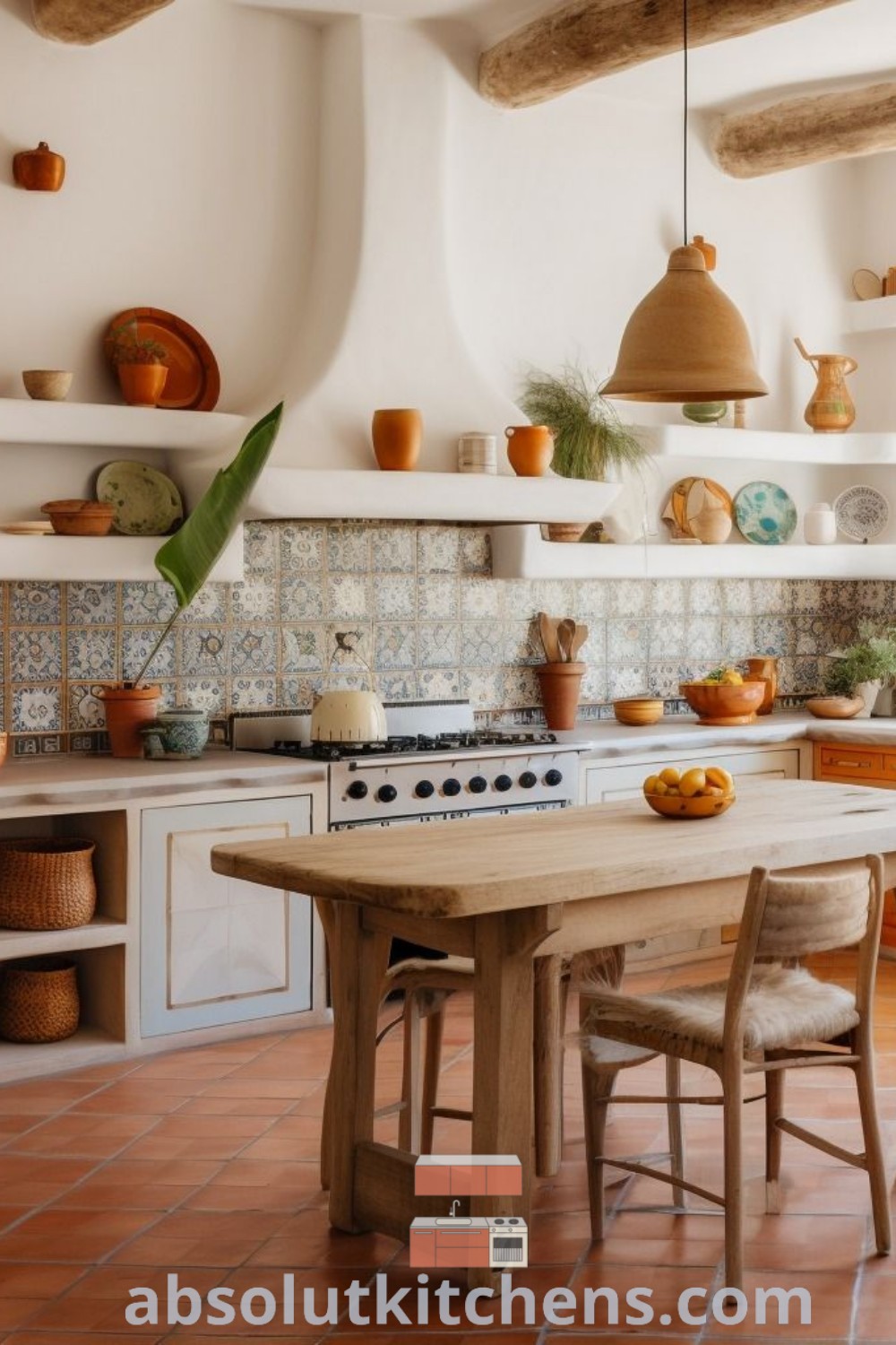 A cozy kitchen featuring a Spanish style breakfast nook with an island, decorated with lush potted plants, inspired by Spanish cottage interiors and modern Mexican kitchen aesthetics. This inviting space offers design tips and ideas for elevating your home decor, showcasing a blend of functionality and charm. Visit absolutkitchens.com for inspiring kitchen decor ideas.
