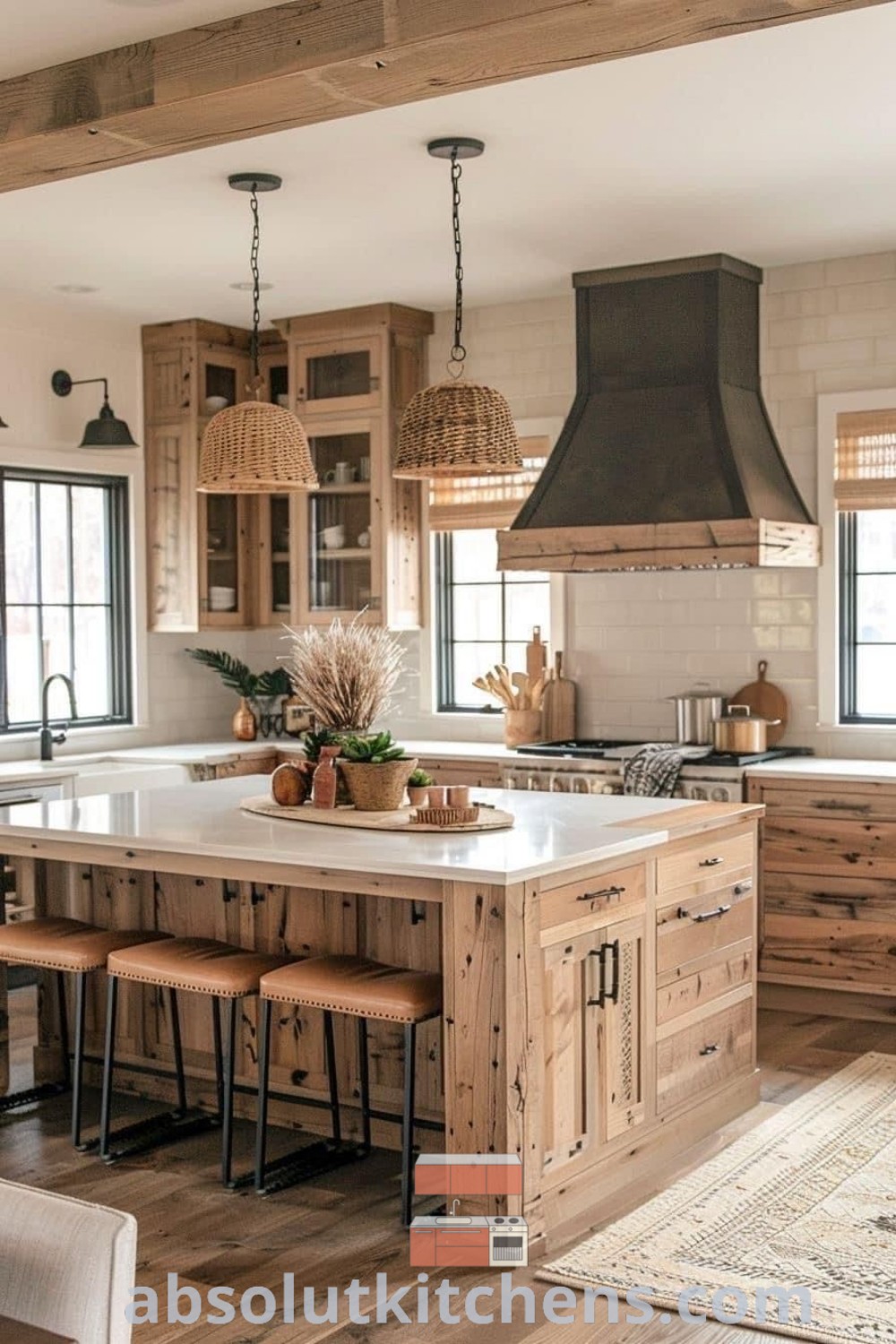 A spacious kitchen featuring wooden cabinets, a central island, and a clean rustic decor style, perfect for modern farmhouse interiors. This design showcases inspiring ideas for kitchen layouts, blending functionality with aesthetics. Visit absolutkitchens.com for more farmhouse kitchen decor ideas and modern country kitchen inspirations.