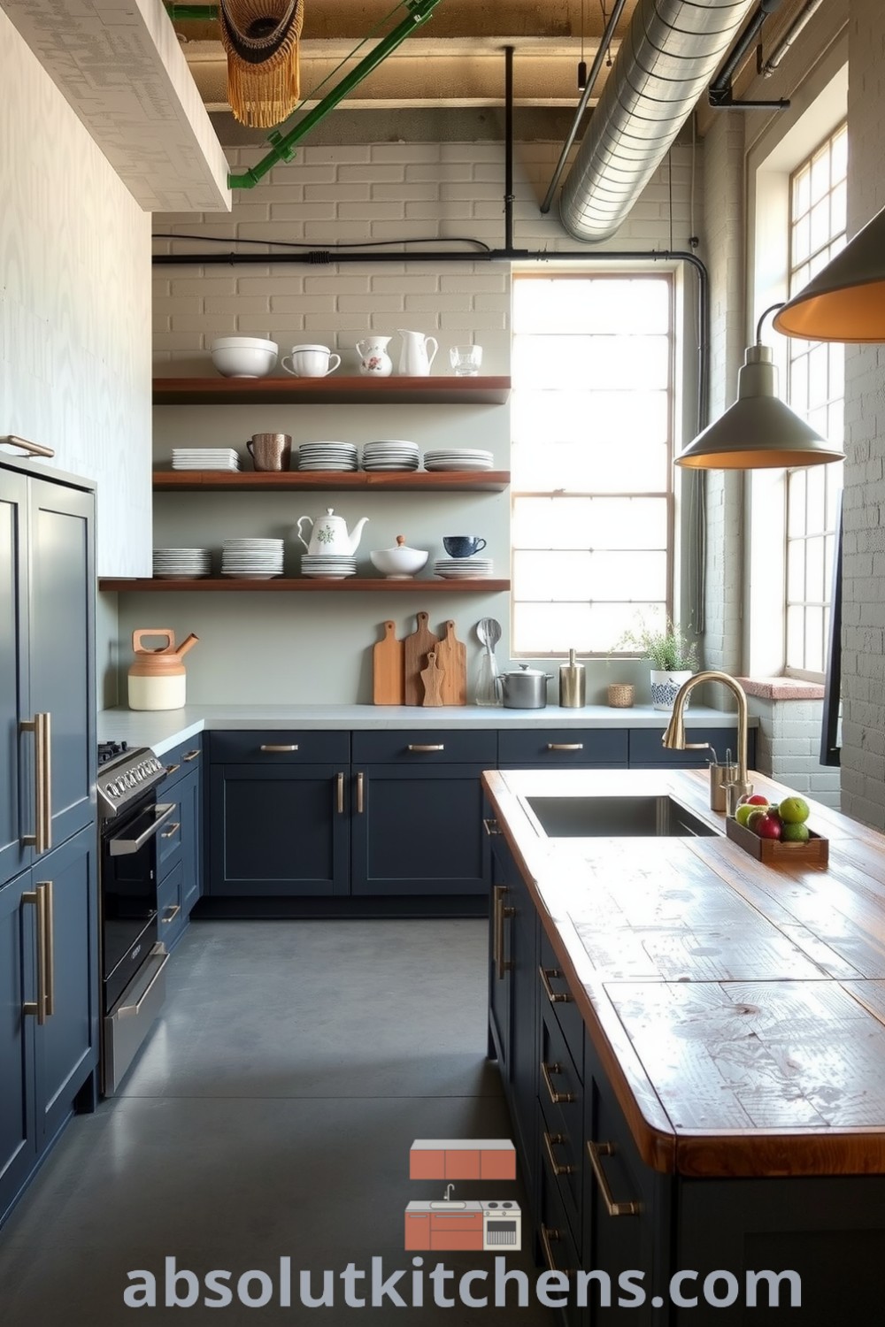 Loft kitchen with soft grey cabinetry and a reclaimed wood island, featuring open shelving with mismatched dishware, showcasing cozy and eclectic decor ideas for a warm and inviting home atmosphere, as inspired by fireplacesandwoodstoves.com.