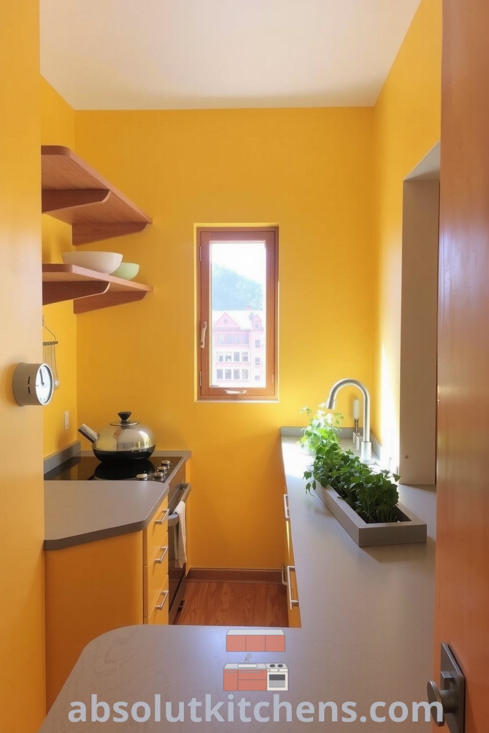 Yellow minimalist kitchen with cheerful warmth, featuring wooden shelves, a concrete countertop, and a herb planter, creating a cozy atmosphere perfect for gatherings, offering decor ideas for inspiring home design. Visit fireplacesandwoodstoves.com for more unique ideas.