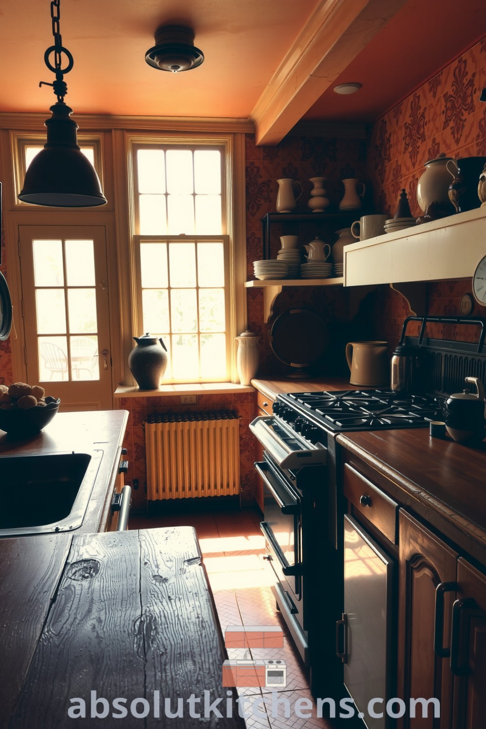 Cozy Victorian kitchen adorned with rich orange tones, intricately patterned wallpaper, sturdy wooden counters, and dark wrought iron fixtures; features large windows, ceramic pottery, and an old-fashioned stove, showcasing design ideas for a warm and inviting home at absolutkitchens.com.