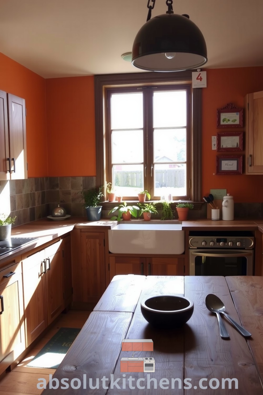 Cozy farmhouse kitchen with warm orange walls, rustic pine cabinets, and a weathered oak countertop, featuring a farmhouse sink and pots of fresh herbs, perfect for inspiring cozy home decor ideas, designs, and decor inspirations at absolutkitchens.com.