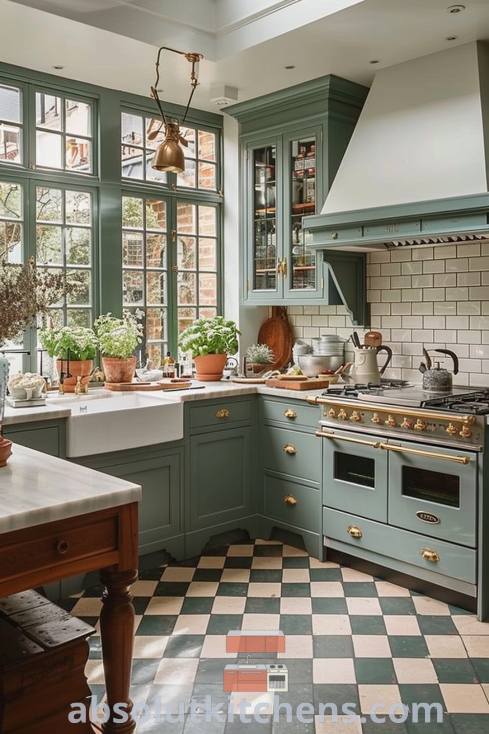 A cozy kitchen with sage green cabinets, checkered flooring, and potted plants that embody inspiring green country kitchen design trends. This space showcases functional and aesthetic kitchen cabinet ideas for homes and apartments, perfect for those seeking a charming, inviting atmosphere. Discover more decor ideas at absolutkitchens.com.