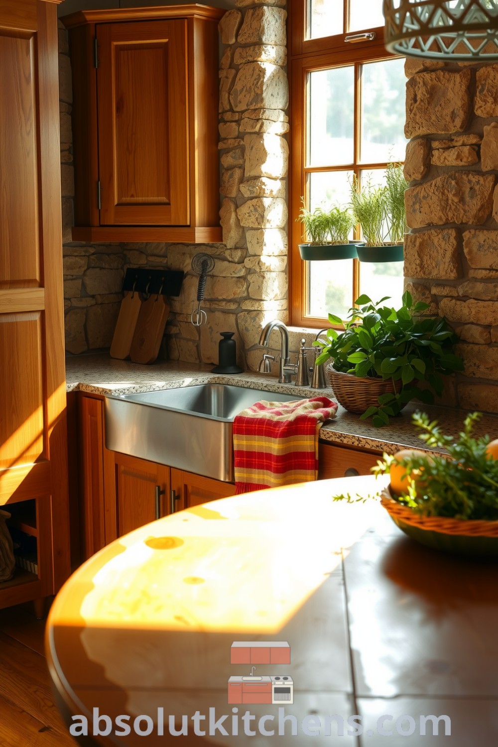 Cozy nature-inspired kitchen featuring wooden cabinets, a stone backsplash, fresh vegetables in a woven basket, and potted herbs on the windowsill, creating an inviting atmosphere perfect for gathering and conversation. Visit absolutkitchens.com for more inspiration.