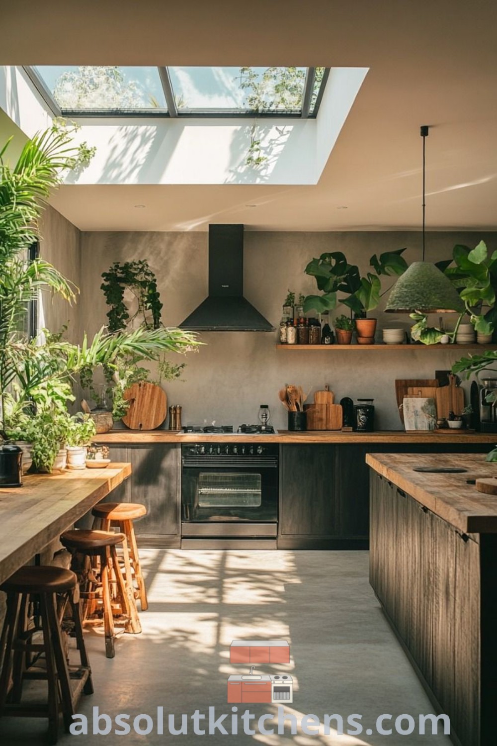 A cozy industrial jungle kitchen featuring potted plants, wooden stools, and a stove top oven, showcasing the urban jungle interior style. This inviting space blends earthy kitchen decor ideas with functional design, perfect for houses or apartments. Discover inspiring kitchen designs and decorating ideas at absolutkitchens.com.