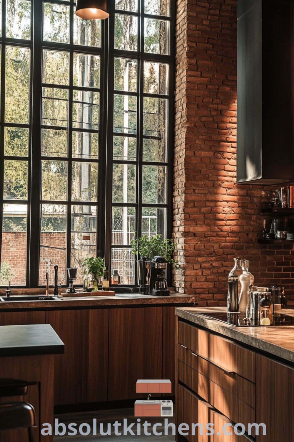 Loft kitchen interior on absolutkitchens.com featuring exposed brick walls, cozy aesthetic, design trends, and decor ideas for small spaces.