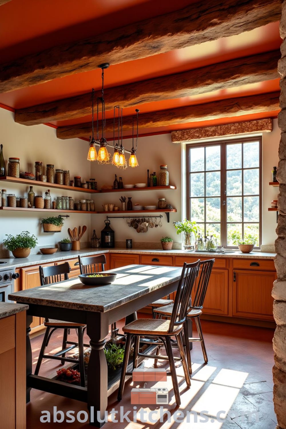 Cozy kitchen design showcasing warm orange tones, a weathered stone countertop, and vintage chairs around a sturdy table, illuminated by sunlight, creating a comforting and inviting atmosphere for home cooking, perfect for cozy ideas. Visit fireplacesandwoodstoves.com for more decor inspirations.