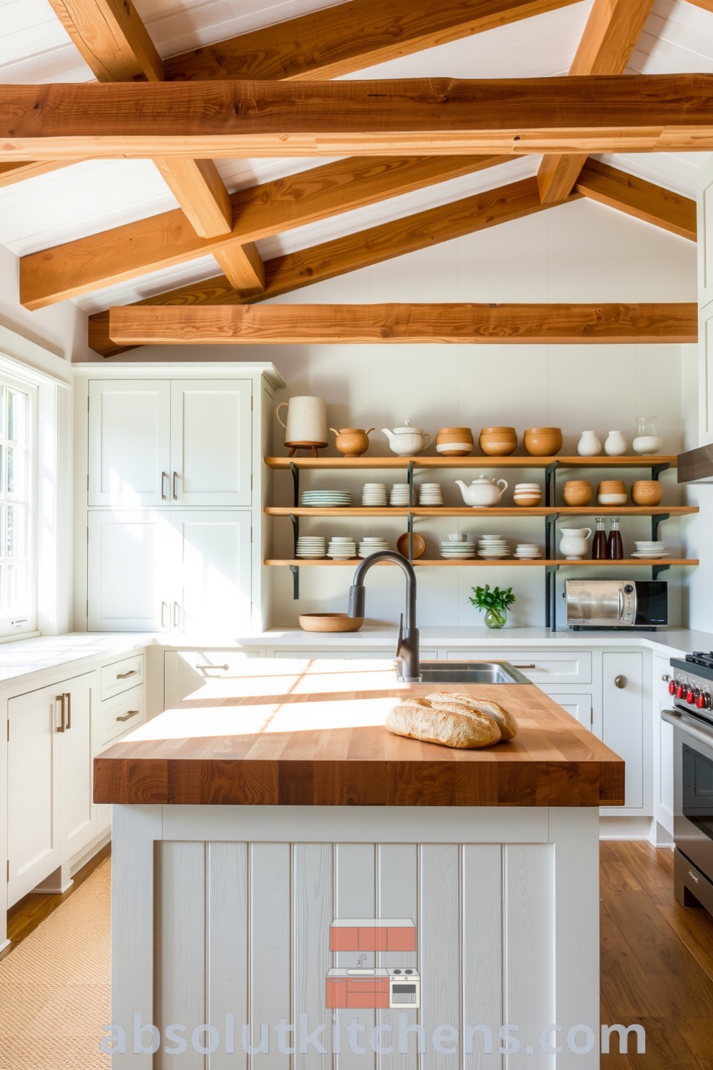 Cozy modern farmhouse kitchen with white cabinetry, wooden beams, and a butcher block island, featuring hand-thrown pottery and a warm atmosphere inspired by fresh bread, on absolutkitchens.com.
