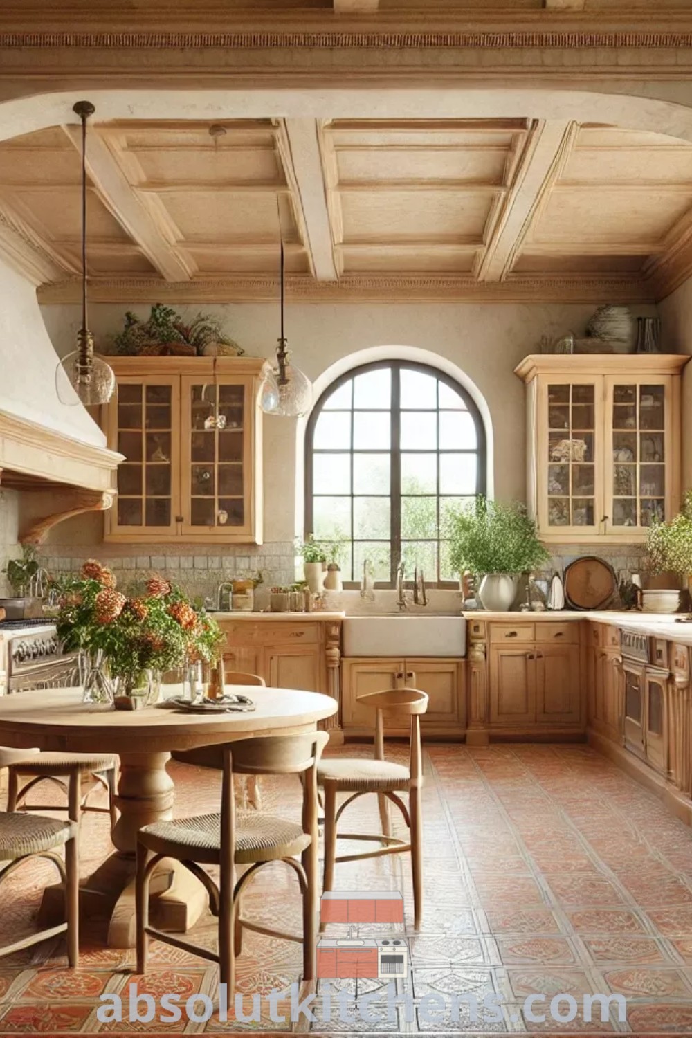 A cozy Mediterranean Cottage Kitchen with an arched ceiling, wooden cabinets, and vibrant decor, showcasing rustic Mediterranean design trends. This image illustrates kitchen archway ideas for small spaces, offering inspiring decor ideas for houses and apartments. Discover more designs at absolutkitchens.com.