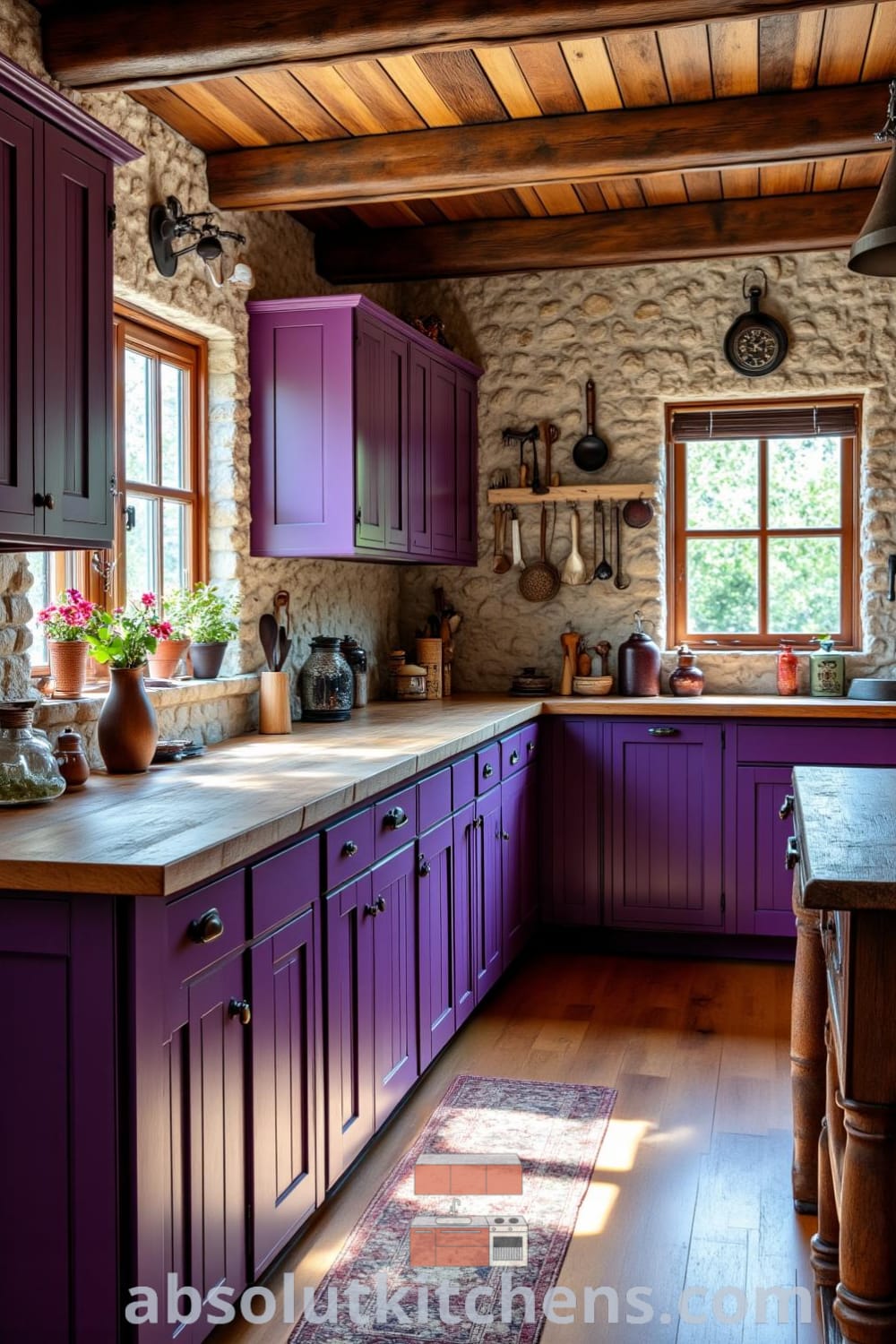 Rustic kitchen featuring deep purple-accented wooden cabinetry, vintage utensils, and reclaimed wood countertops that enhance the warm atmosphere, perfect for family gatherings. Discover cozy ideas and unique decor inspirations for your home at fireplacesandwoodstoves.com.