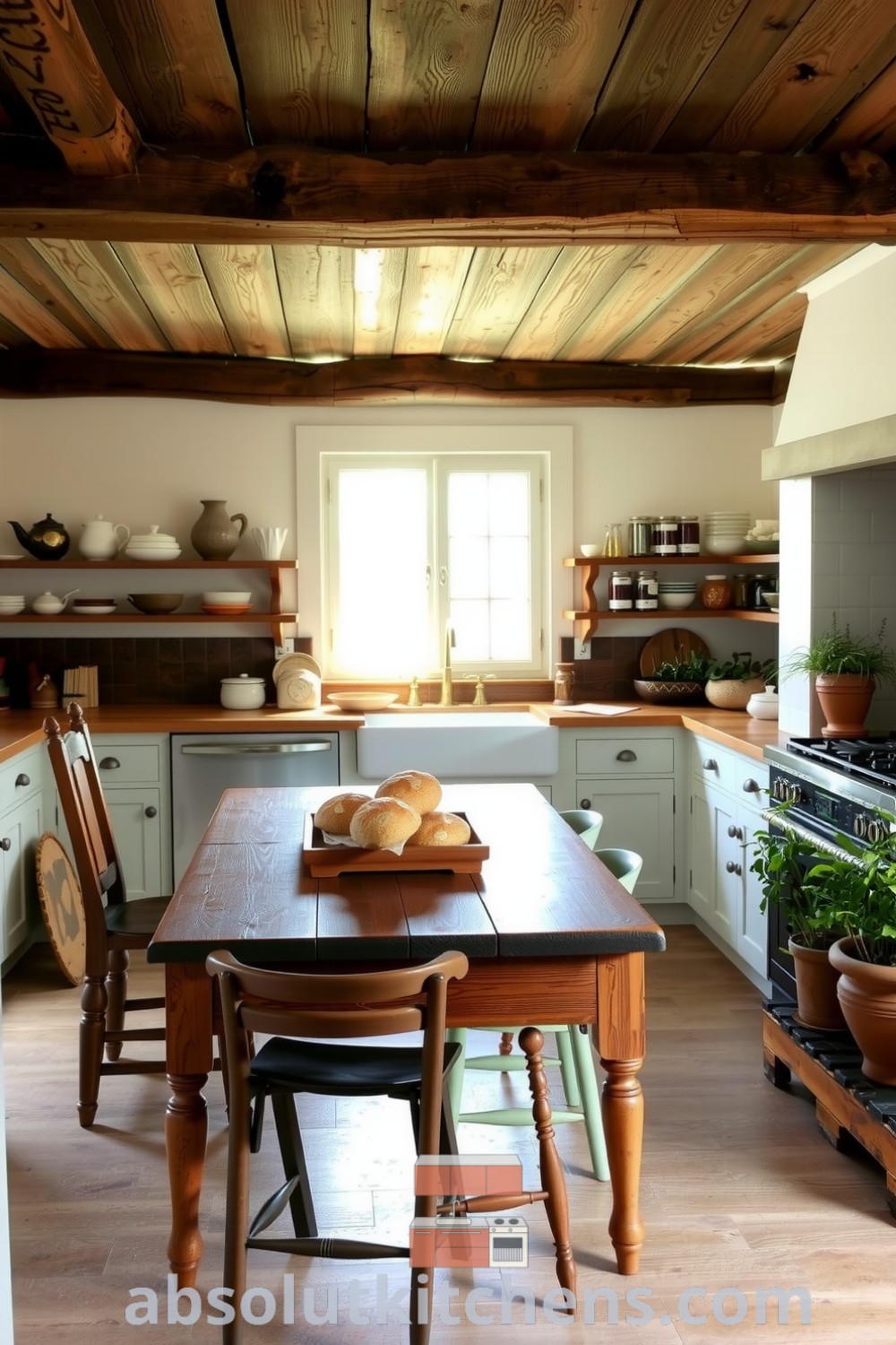 Cozy French kitchen with weathered wooden beams, farmhouse table, mismatched chairs, handmade pottery, and fresh herbs, creating an inviting atmosphere and showcasing practical design ideas for a cozy home at absolutkitchens.com.