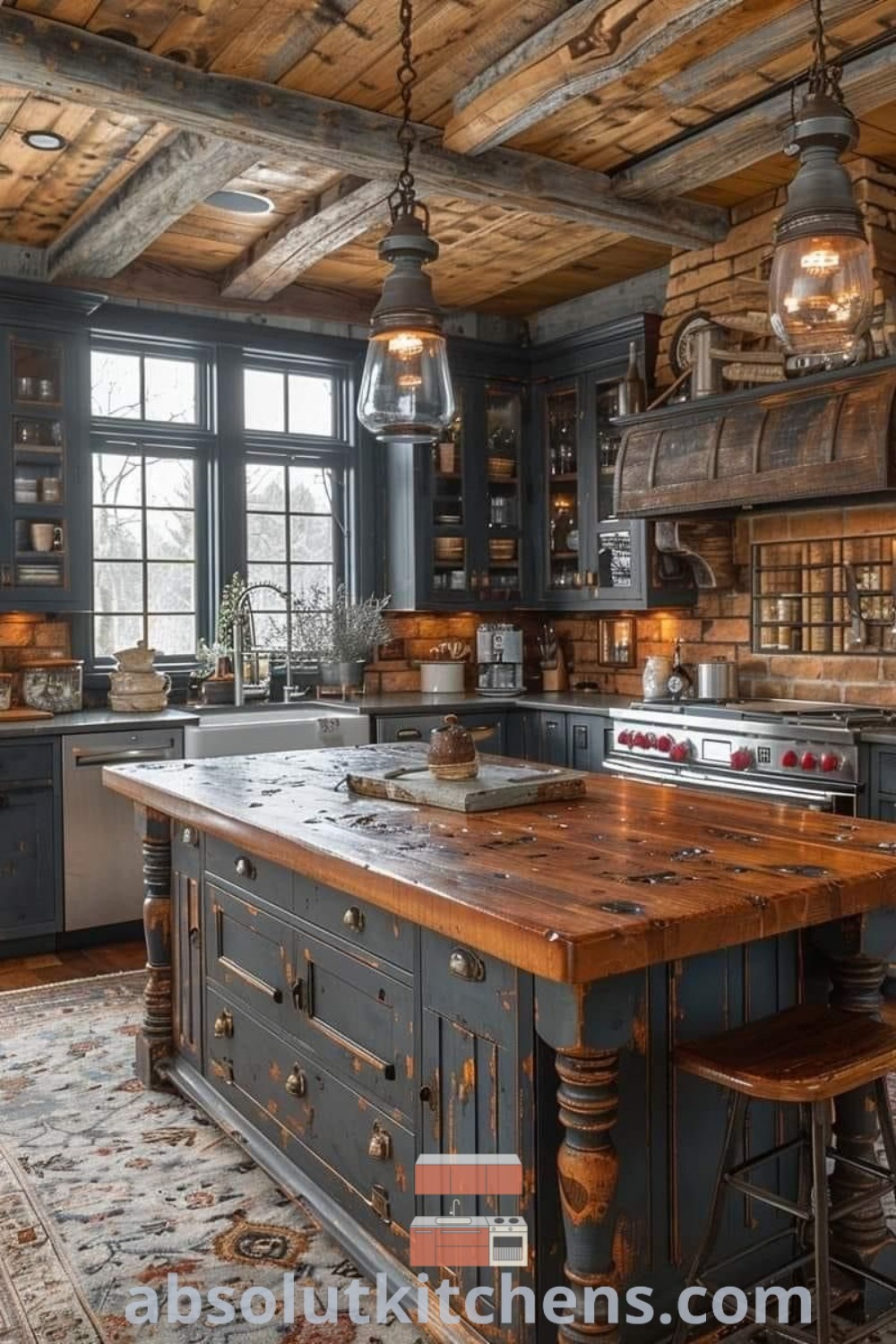 A cozy house kitchen with blue cabinets, wooden floors, and a rustic wood ceiling, illuminated by two pendant lights. This charming 1800s kitchen design offers inspiring decor ideas for small spaces and showcases elements of farmhouse and rustic kitchen aesthetics, found at absolutkitchens.com.