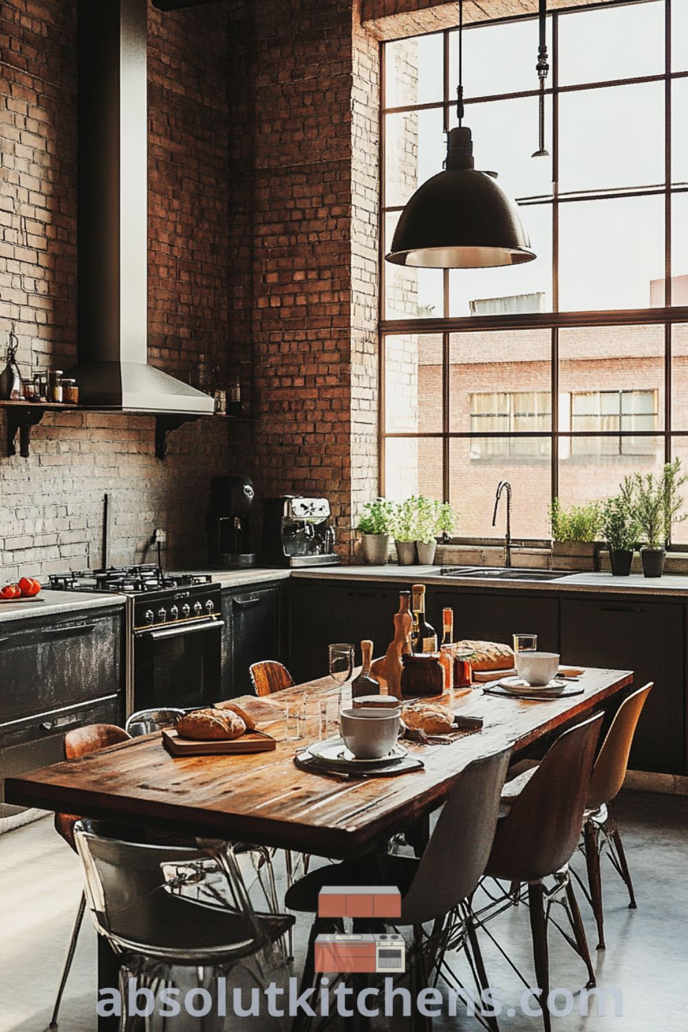Modern loft kitchen scene on absolutkitchens.com featuring rustic dining table, brushed metal appliances, and inviting industrial decor, showcasing stylish loft kitchen ideas and cozy aesthetic.
