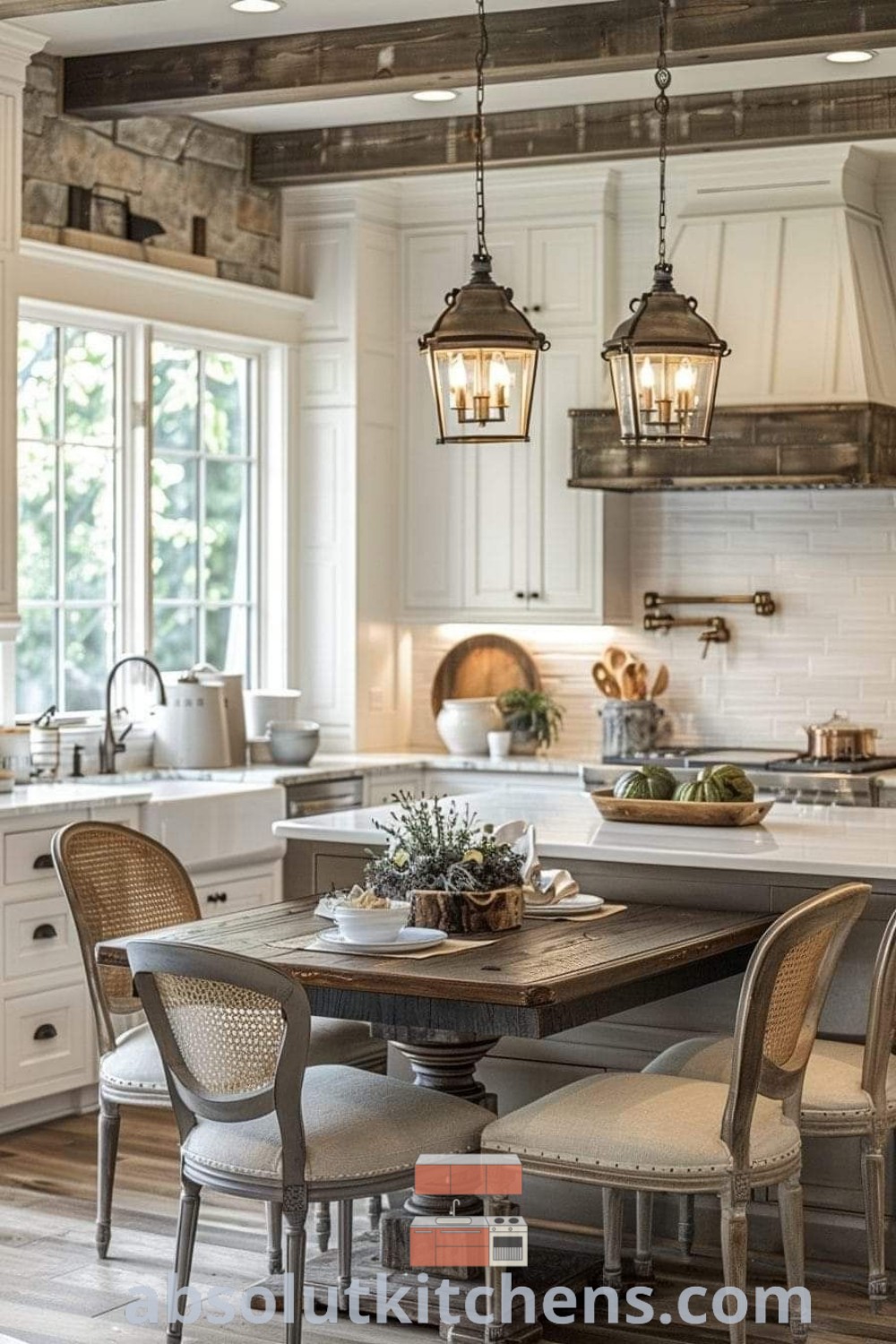 A beautiful kitchen with white cabinets and an island surrounded by chairs, representing French Country and Cottage Kitchen Design. This inviting space showcases modern design trends while offering cozy aesthetic and functional benefits, perfect for house or apartment. Explore more kitchen decor ideas at absolutkitchens.com.