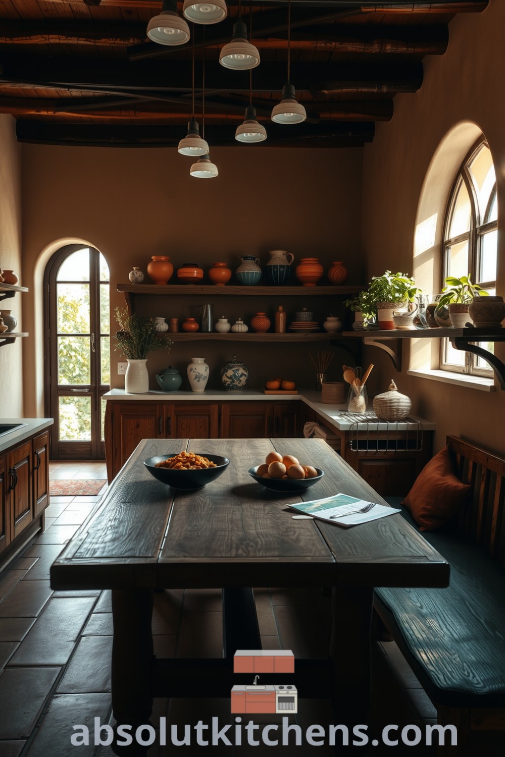 Cozy Mediterranean kitchen featuring earthy tones, rustic wooden cabinetry, terracotta tiles, and handmade pottery, inviting warmth and gatherings, with sunlight spilling through arched windows. Visit absolutkitchens.com for more design ideas.