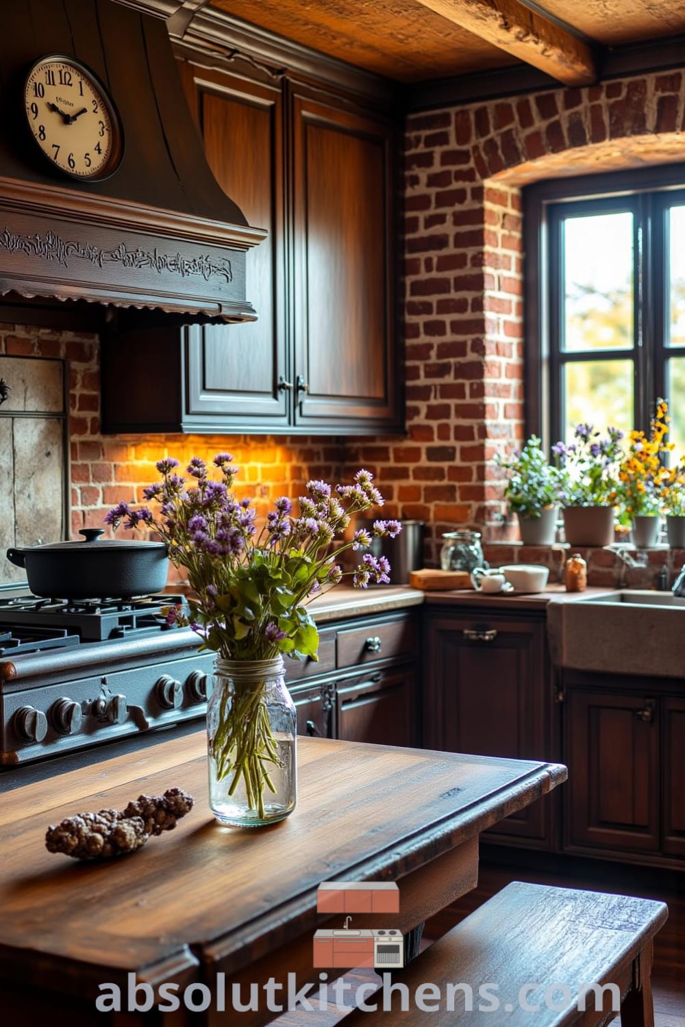 Rustic kitchen with weathered wooden cabinets, farmhouse table, exposed brick walls, simmering cast iron pot on vintage stove, and a bouquet of wildflowers in a mason jar, showcasing cozy ideas for a home filled with warmth and inviting decor inspirations for effortless entertaining.