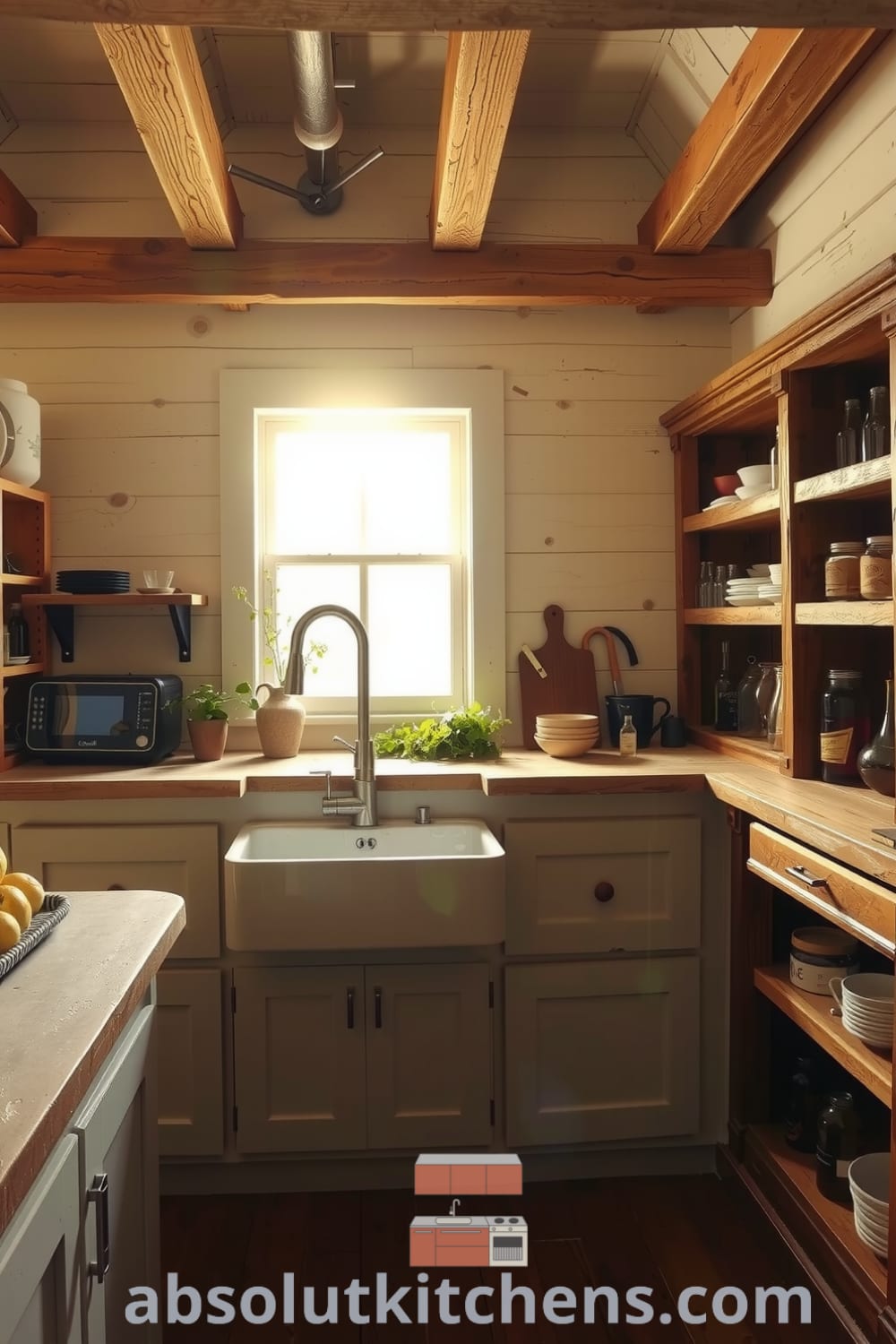 A cozy, rustic kitchen featuring whitewashed walls, exposed wooden beams, a farmhouse sink overlooking a herb garden, and worn wooden shelving adorned with glass jars and mismatched dishes, providing inviting decor ideas for a warm home atmosphere, inspired by fireplacesandwoodstoves.com.