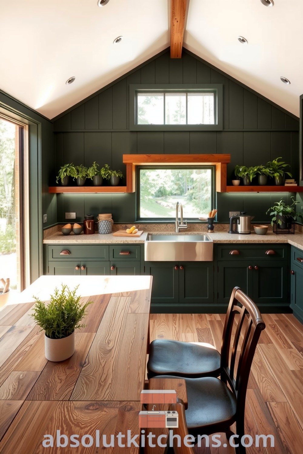 Cozy nature-inspired kitchen featuring deep green cabinetry, smooth stone countertops, wooden shelves with potted herbs, and a rustic reclaimed wood dining table, creating an inviting and warm atmosphere for family gatherings. Visit absolutkitchens.com for more inspiring decor ideas for small spaces.