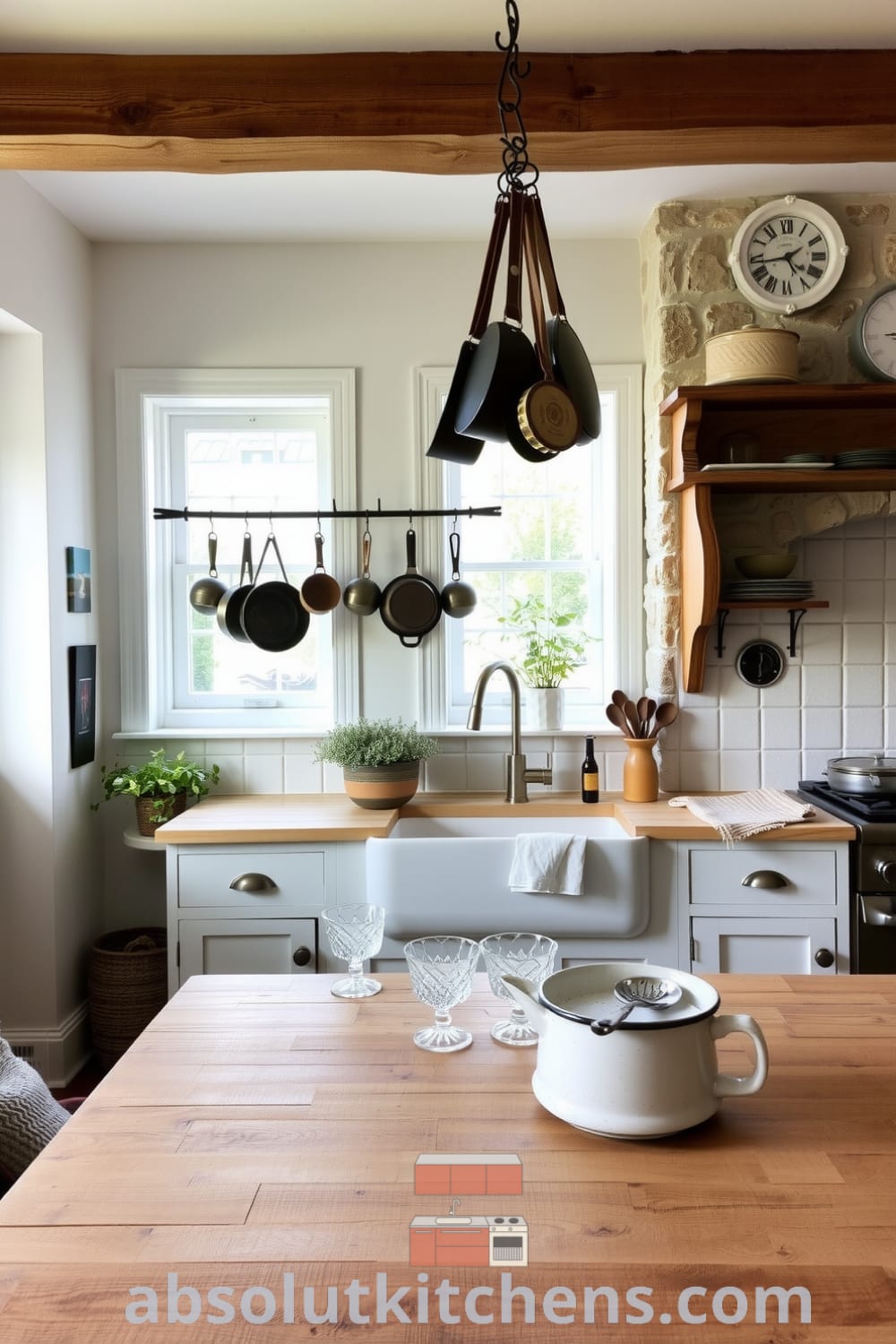 Rustic kitchen with soft white walls, exposed wooden beams, vintage cookware, and a large farmhouse sink, creating a cozy home filled with warmth and welcoming decor ideas, visit fireplacesandwoodstoves.com for unique inspirations.