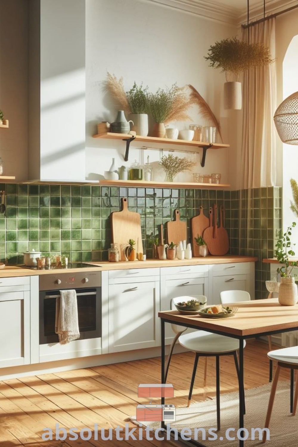 A cozy kitchen showcasing white cabinets and a vibrant green tile backsplash, complemented by potted plants on the shelves. This design offers unique ideas for inspiring a relaxing and inviting atmosphere in your home. Discover more decor inspirations at wellnesswink.com.