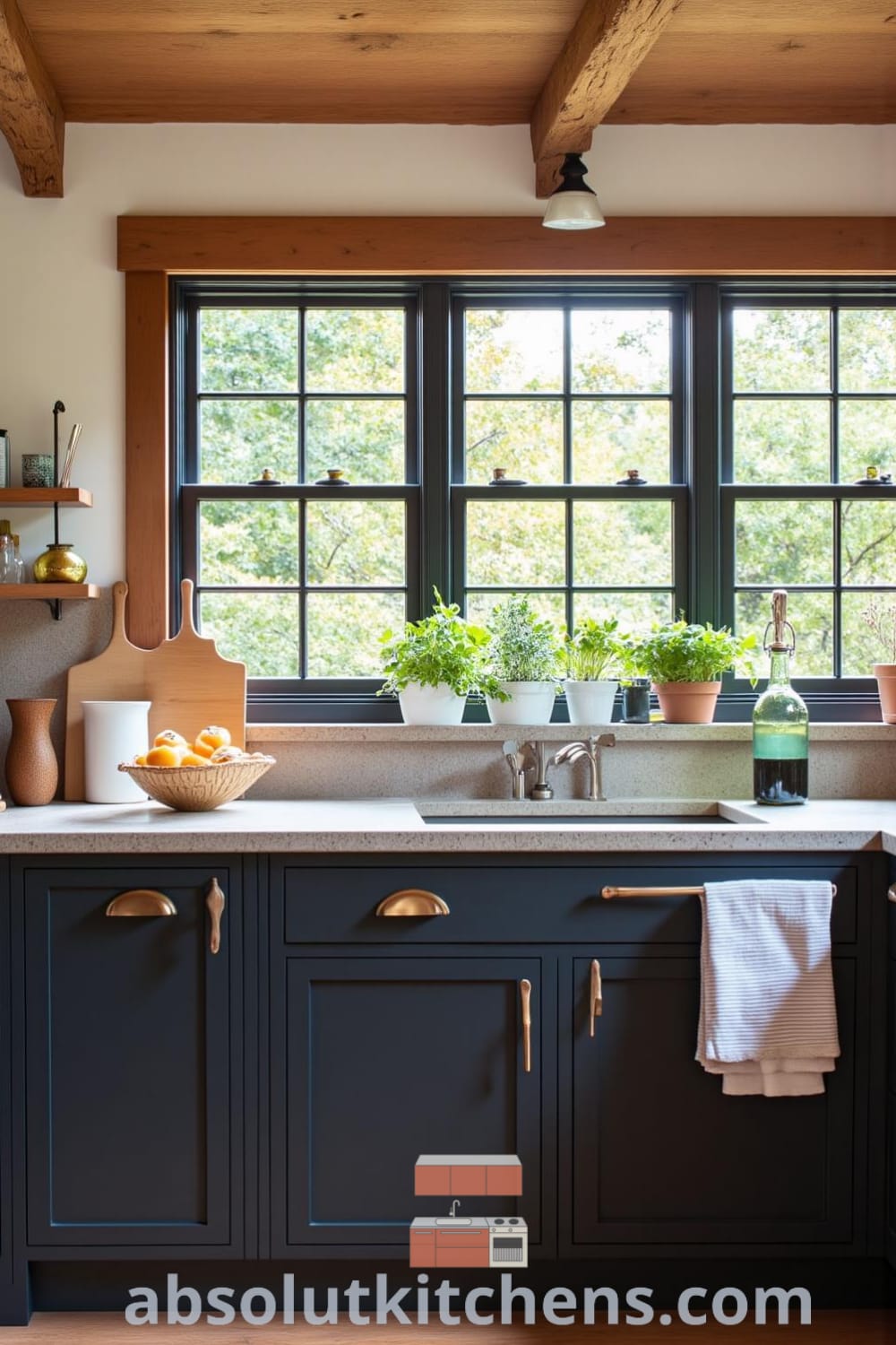 Rustic kitchen with dark cabinetry, wooden beams, stone countertop, and potted herbs, showcasing cozy ideas for inviting decor inspirations that create a warm atmosphere, ideal for cherished meals at home, featured on fireplacesandwoodstoves.com.
