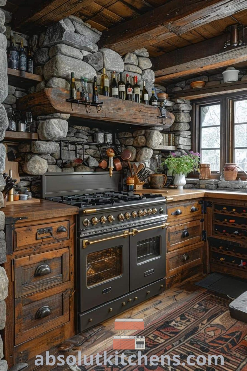 An old-fashioned kitchen with stone walls and wooden cabinets, showcasing cozy decor ideas for cabin kitchens. This design highlights log cabin decorating ideas and modern styles, offering inspiration for a charming and functional space. Explore more at absolutkitchens.com.