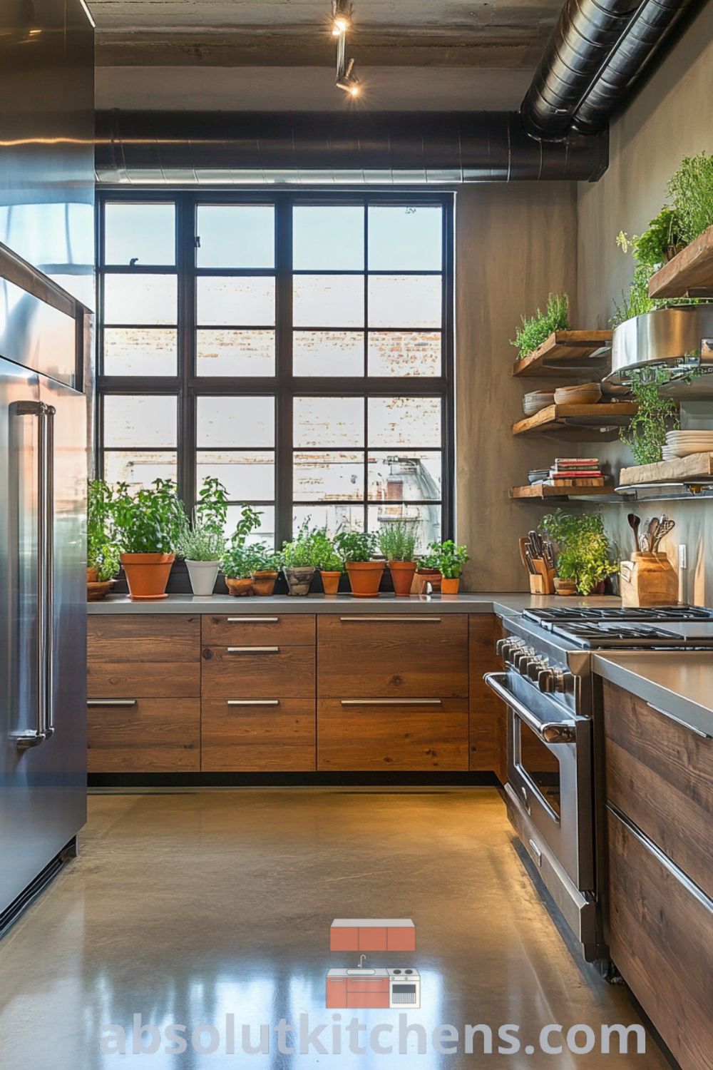 Urban loft kitchen design on absolutkitchens.com featuring reclaimed wood cabinetry, polished concrete flooring, and inspiring loft interior for an inviting cooking space.