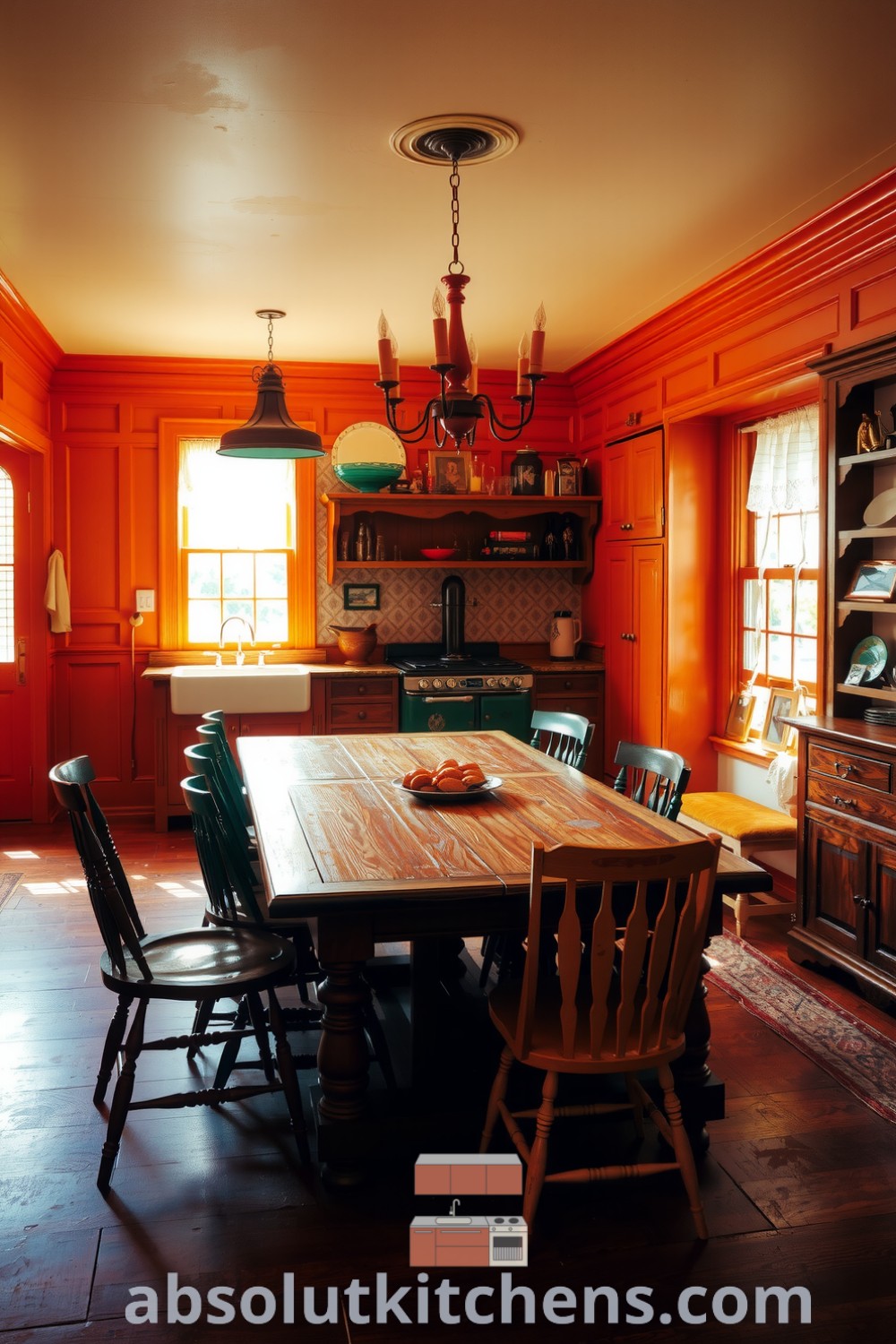Cozy Victorian kitchen featuring a large wooden table, mismatched chairs, colorful antique cabinets, and a vintage stove, all bathed in warm shades of orange, creating an inviting atmosphere perfect for family gatherings. Visit absolutkitchens.com for inspiring decor ideas.