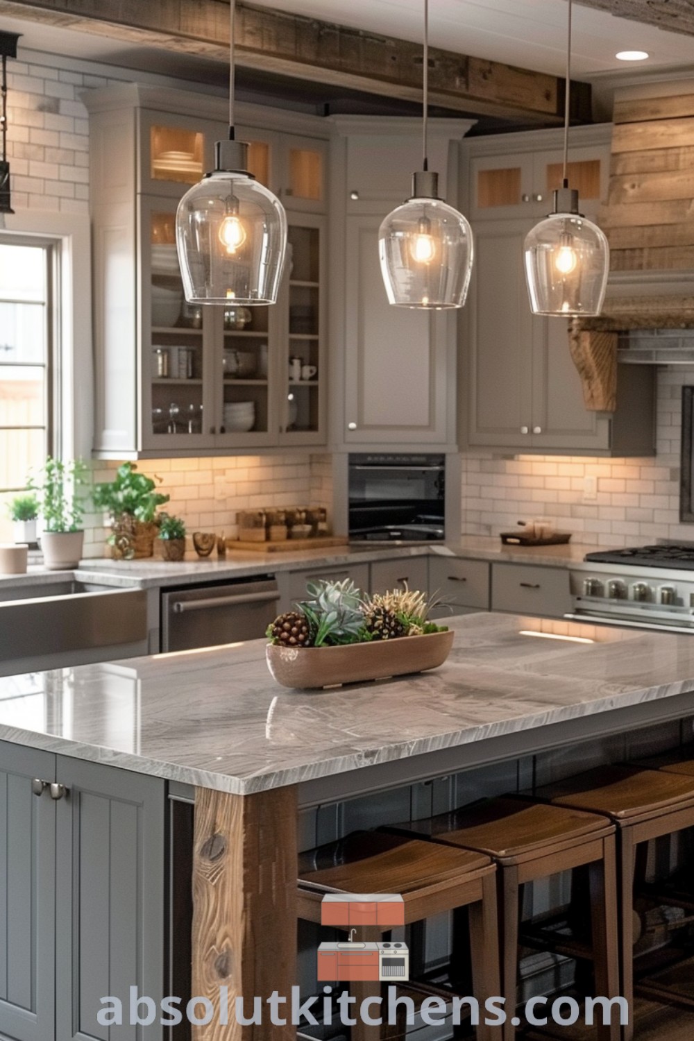 A modern kitchen with an island seating 6, featuring stylish stools and hanging lights, exemplifying kitchen ideas with an island for home remodeling. This design reflects elements of a modern farmhouse kitchen, perfect for cozy entertaining. Explore more design trends and decorating ideas at absolutkitchens.com.