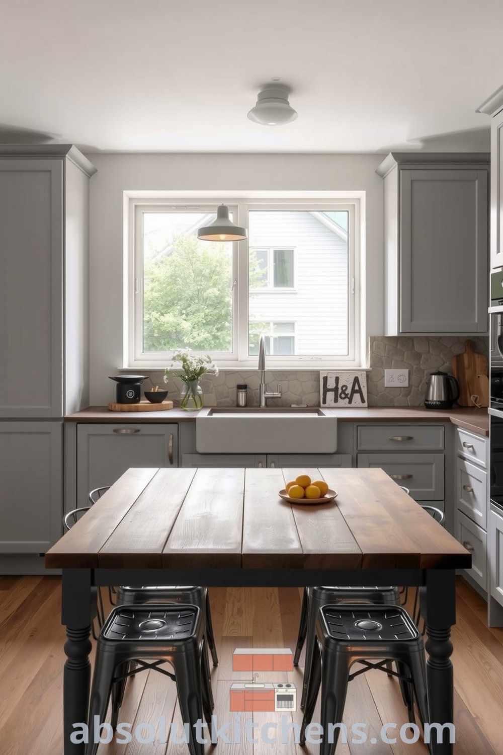 Minimalist kitchen with soft grey shades, featuring a rough stone backsplash, wooden table, and metal chairs, inspired by cozy home decor ideas for warm family gatherings. Visit fireplacesandwoodstoves.com for more inspiring designs.