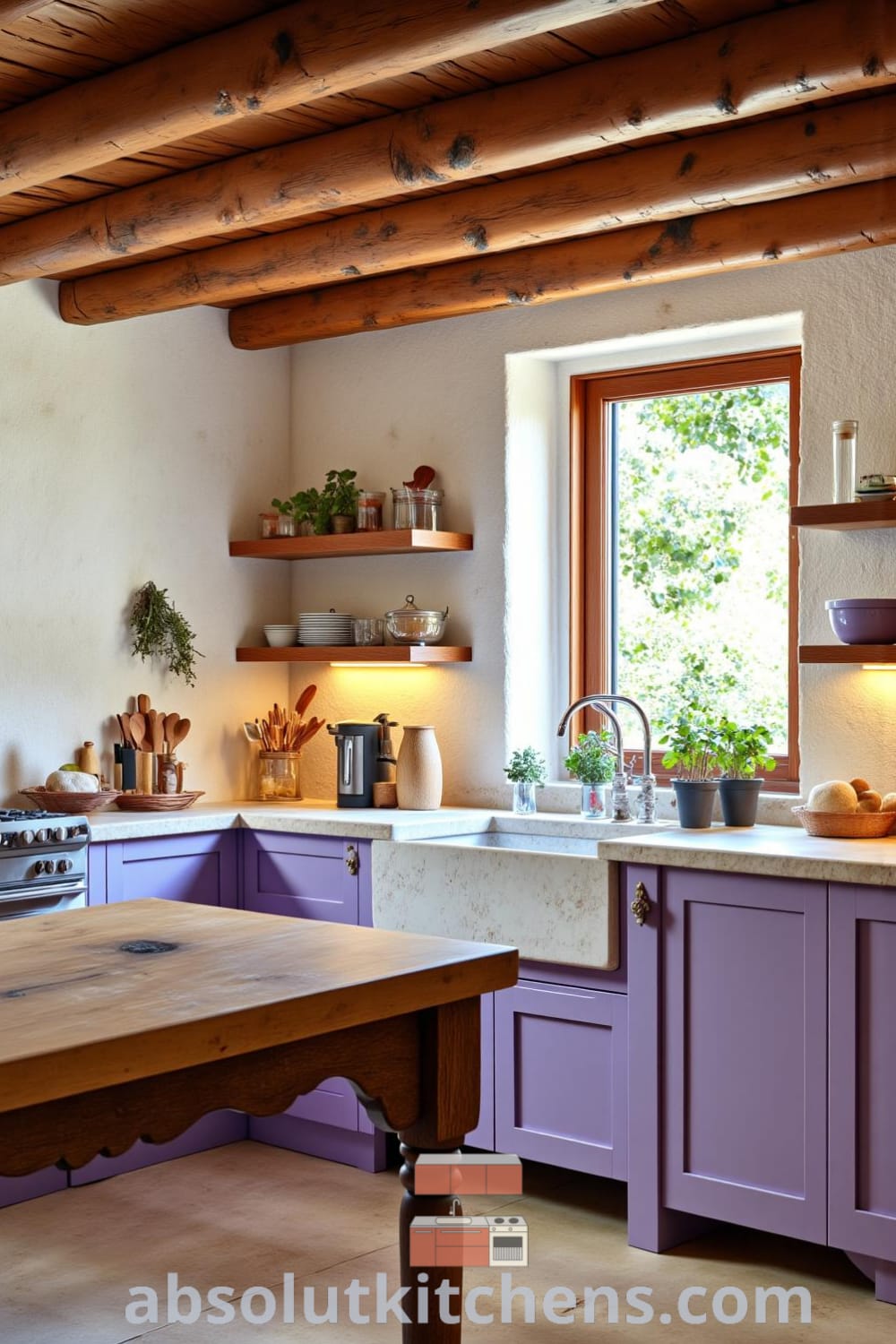 Rustic kitchen design with purple accents, wooden beams, and stone walls, featuring a farmhouse sink and handcrafted table, offering cozy ideas and inspirations for creating a warm and inviting home environment at fireplacesandwoodstoves.com.