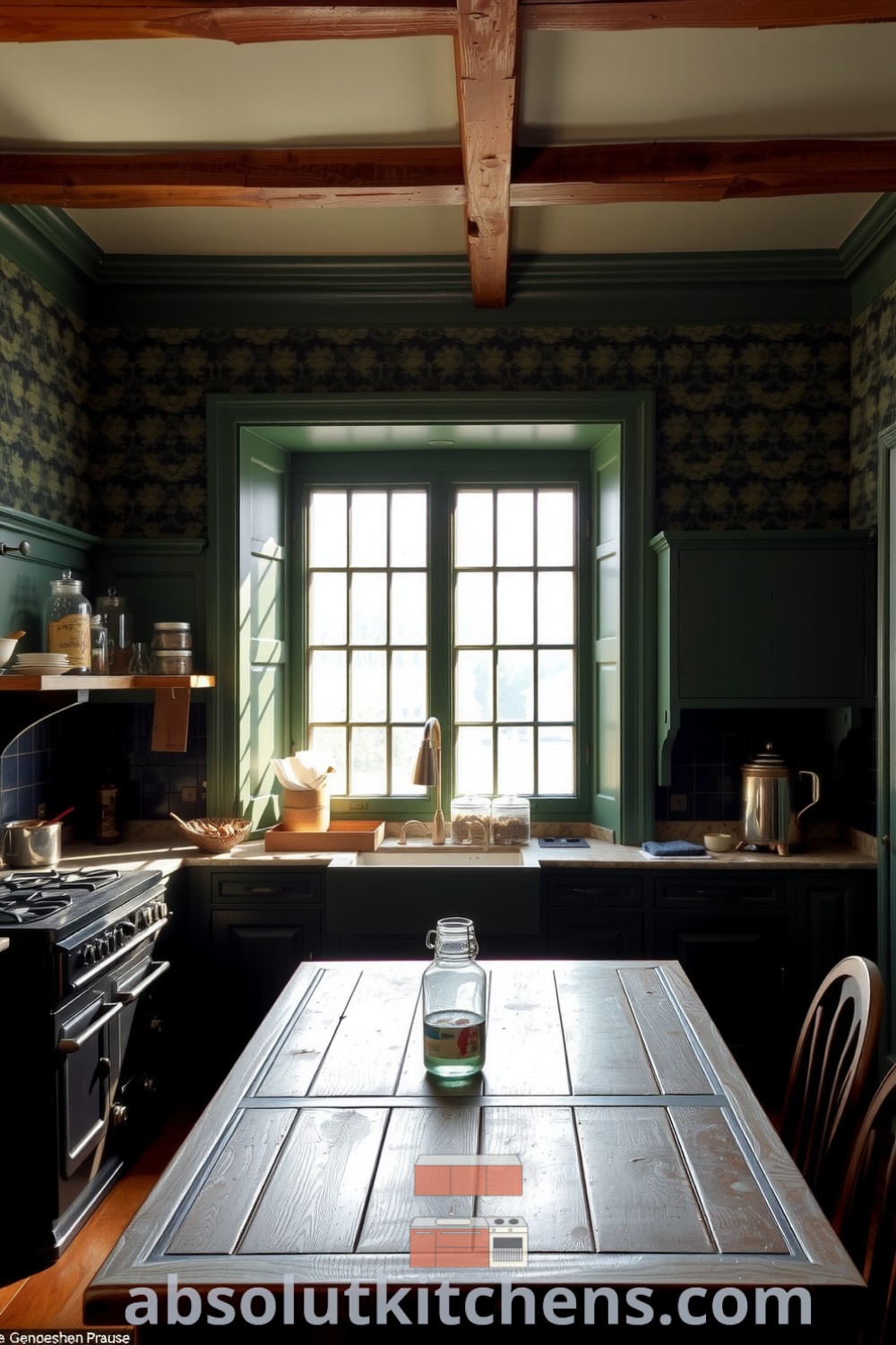 Cozy Victorian kitchen with deep green walls, patterned wallpaper, a cast-iron stove, marble countertops, and tall windows showcasing delicate glass jars filled with spices, embodying warm decor ideas and inspirations for a cozy home at absolutkitchens.com.