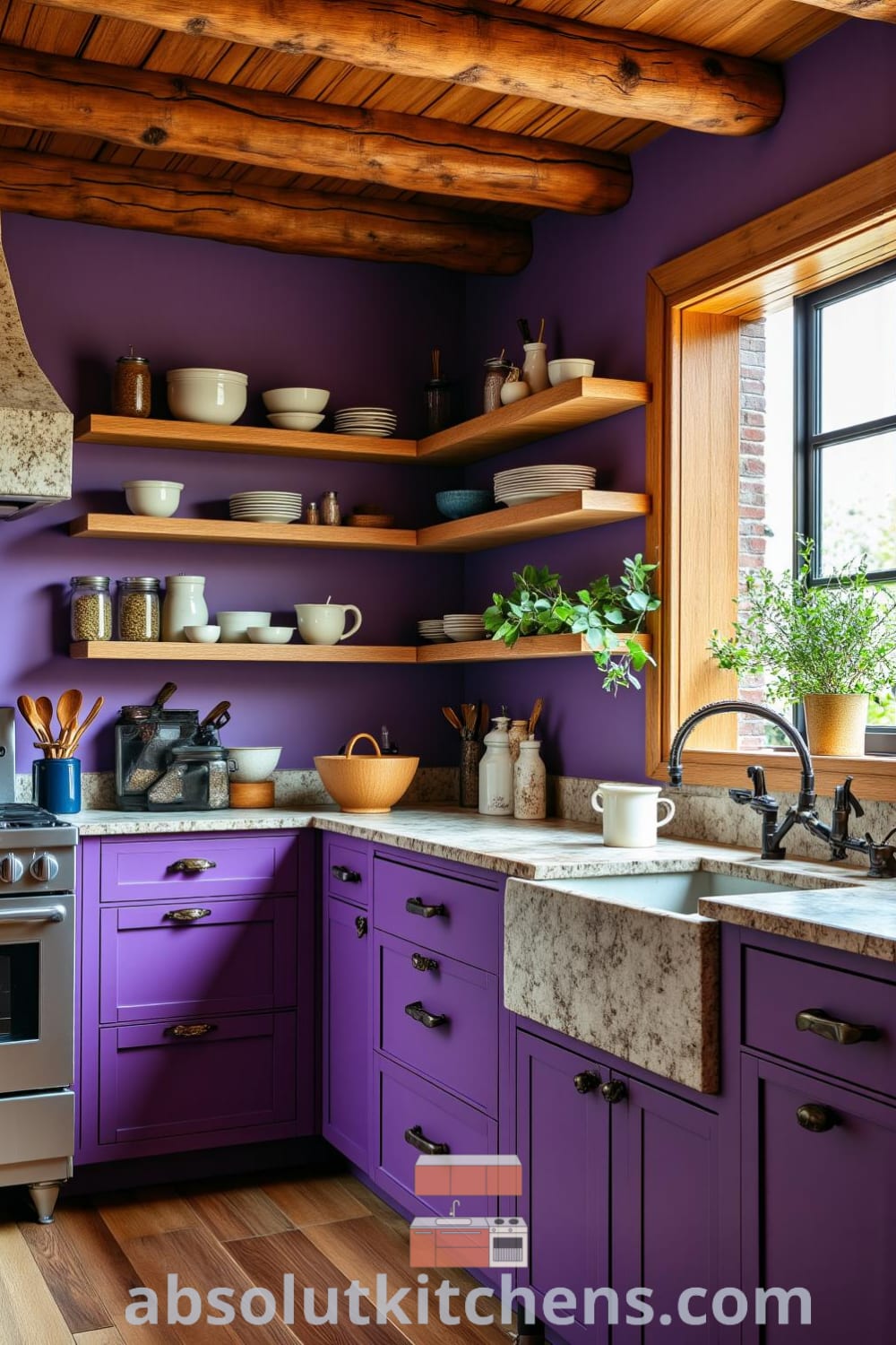 Rustic kitchen with deep purple walls and wooden beams, featuring aged countertops, ceramic dishes, and a farmhouse sink under a large window, creating an inviting and cozy atmosphere perfect for gatherings, inspired by unique ideas from fireplacesandwoodstoves.com.