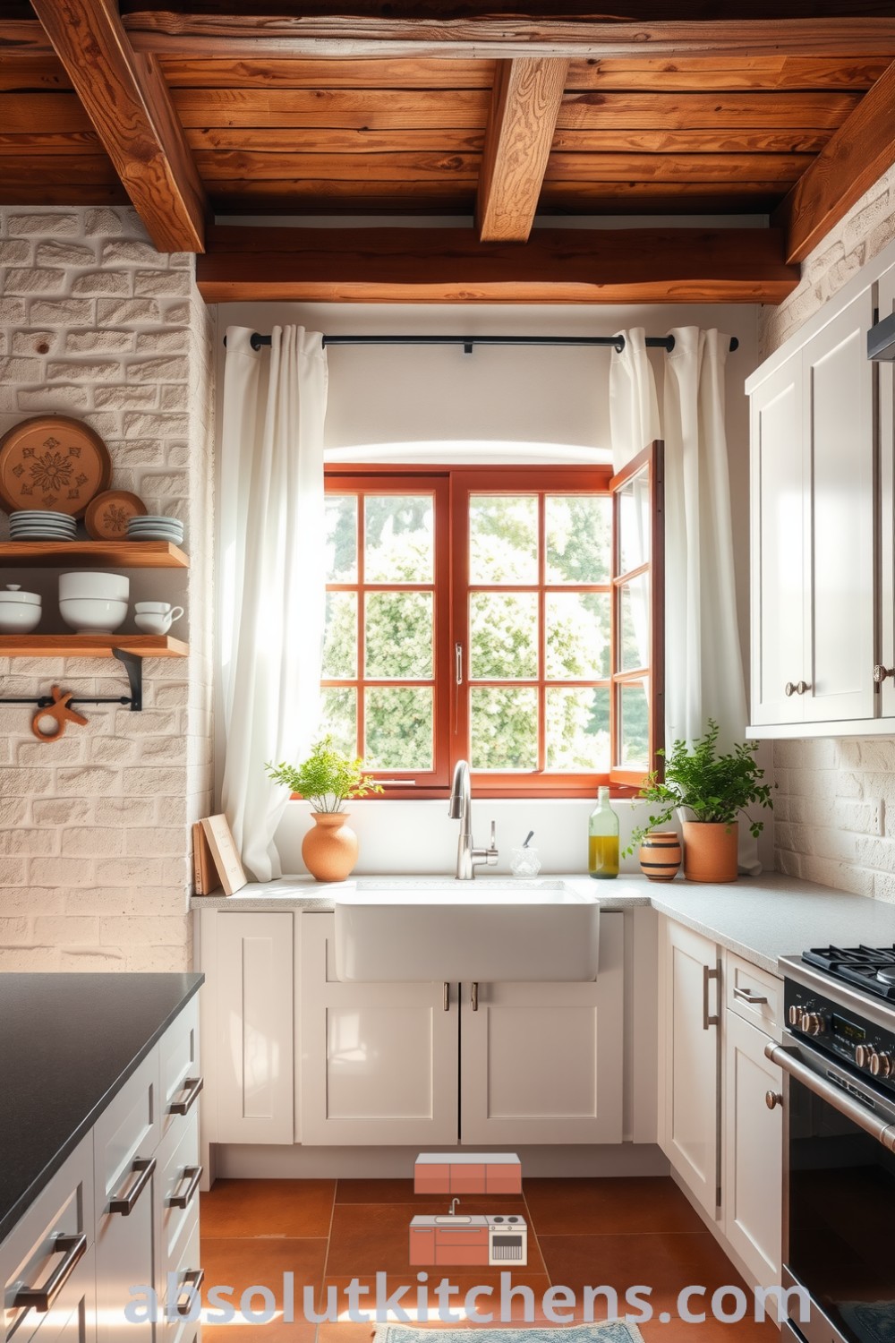 Bright Mediterranean kitchen featuring sunlight filtering through sheer curtains, textured stone walls, a farmhouse sink under a large window, and fresh herbs on the windowsill, offering cozy ideas and decor inspirations for a stylish home at absolutkitchens.com.