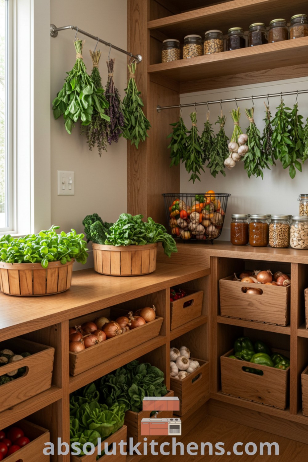 A bright and airy kitchen with skylights, a vegetable shelf, and an indoor herb garden, showcasing innovative pantry design ideas with windows and effective vegetable organization strategies. Get inspired by cozy and functional garden kitchen decor ideas at absolutkitchens.com.