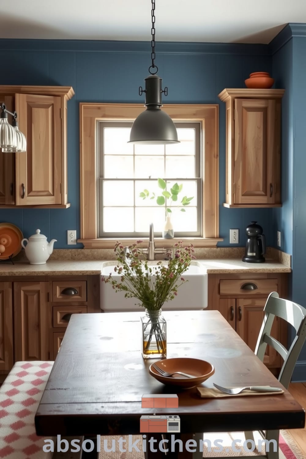 Blue rustic kitchen with weathered wooden cabinets, farmhouse sink, and sun-kissed stone countertops, featuring a sturdy table with wildflowers, creating a cozy atmosphere filled with charm and warmth, perfect for shared meals. Discover more cozy ideas at fireplacesandwoodstoves.com.