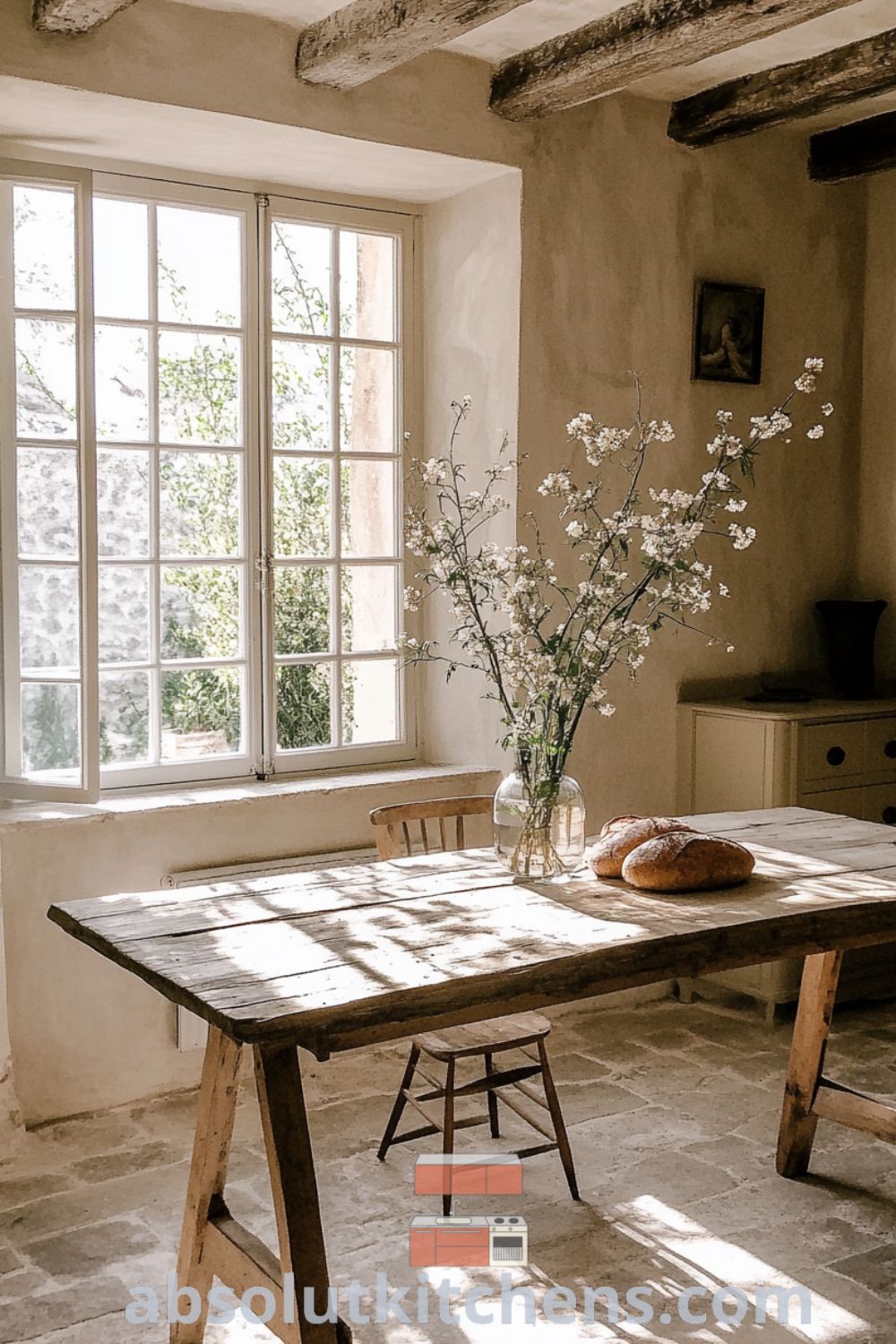 Cozy French country kitchen scene on absolutkitchens.com showcasing reclaimed wood table, inviting decor ideas for small spaces, and a warm, cozy aesthetic.
