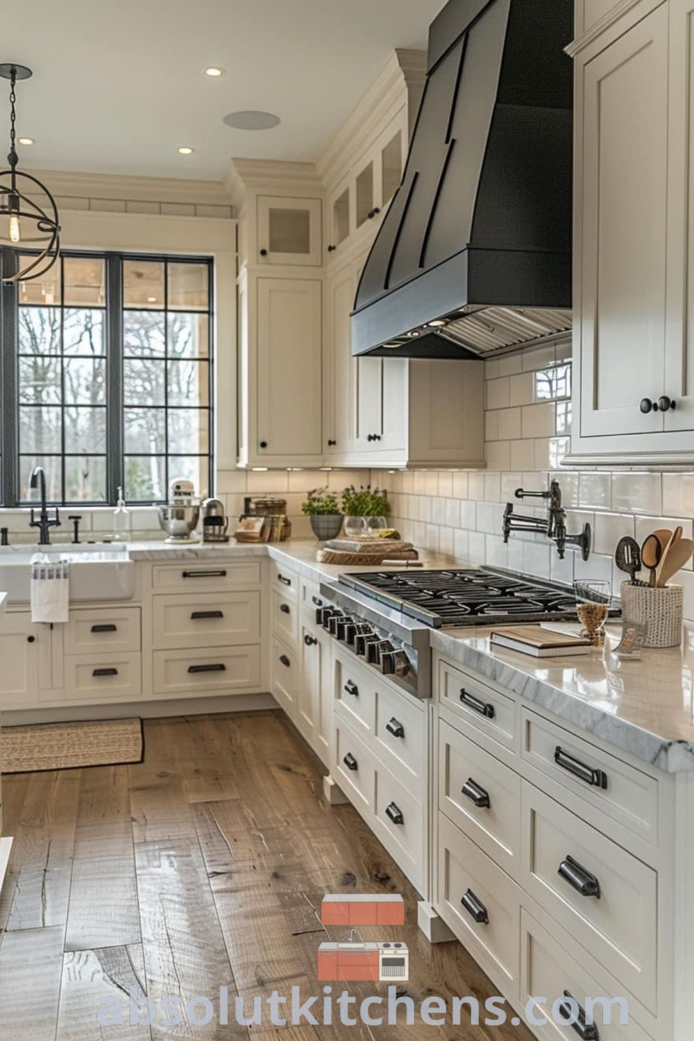 A large classic farmhouse kitchen with white cabinets, wood floors, and two ovens beside the stove, showcasing decor ideas for a rustic yet luxurious kitchen. Find the latest design trends and inspiration for your home at absolutkitchens.com.