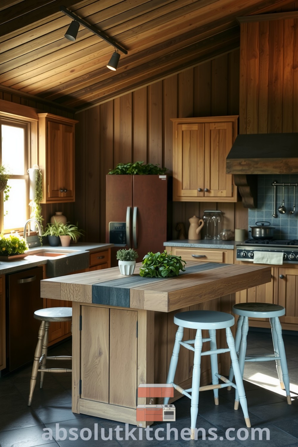 Cozy nature-inspired kitchen with sunlight filtering through a large window, showcasing worn wooden cabinetry, cool stone countertops, and potted herbs, creating a warm atmosphere perfect for gatherings and inspiring decor ideas for your home. Visit absolutkitchens.com for more unique ideas and decor inspirations.