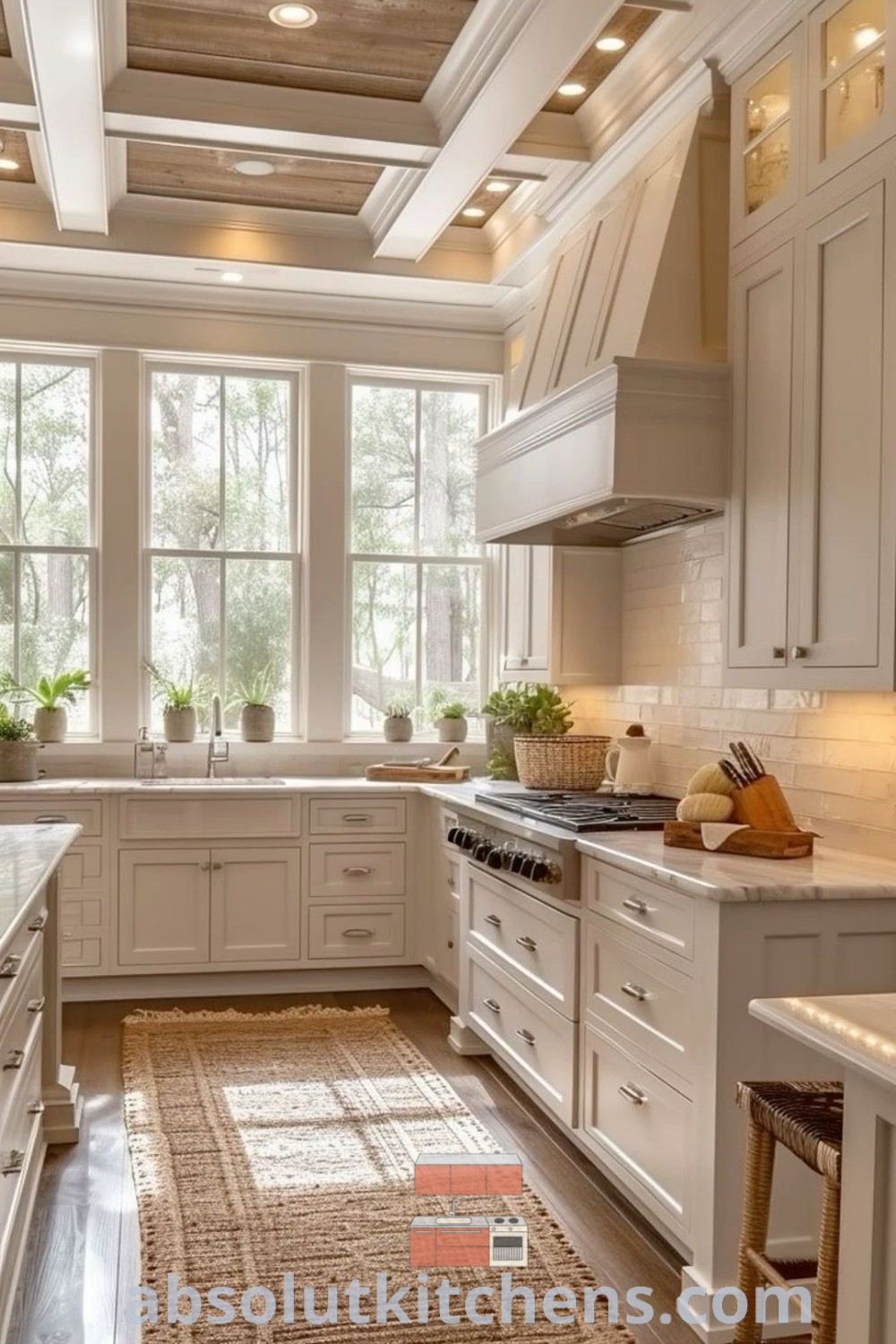 A modern kitchen with white cabinets, wooden flooring, and an area rug, showcasing a small spice rack for functional design. This inspiring space offers dreamy kitchen aesthetics and decor ideas for small spaces, enhancing the cozy aesthetic. Find more kitchen design ideas at absolutkitchens.com.